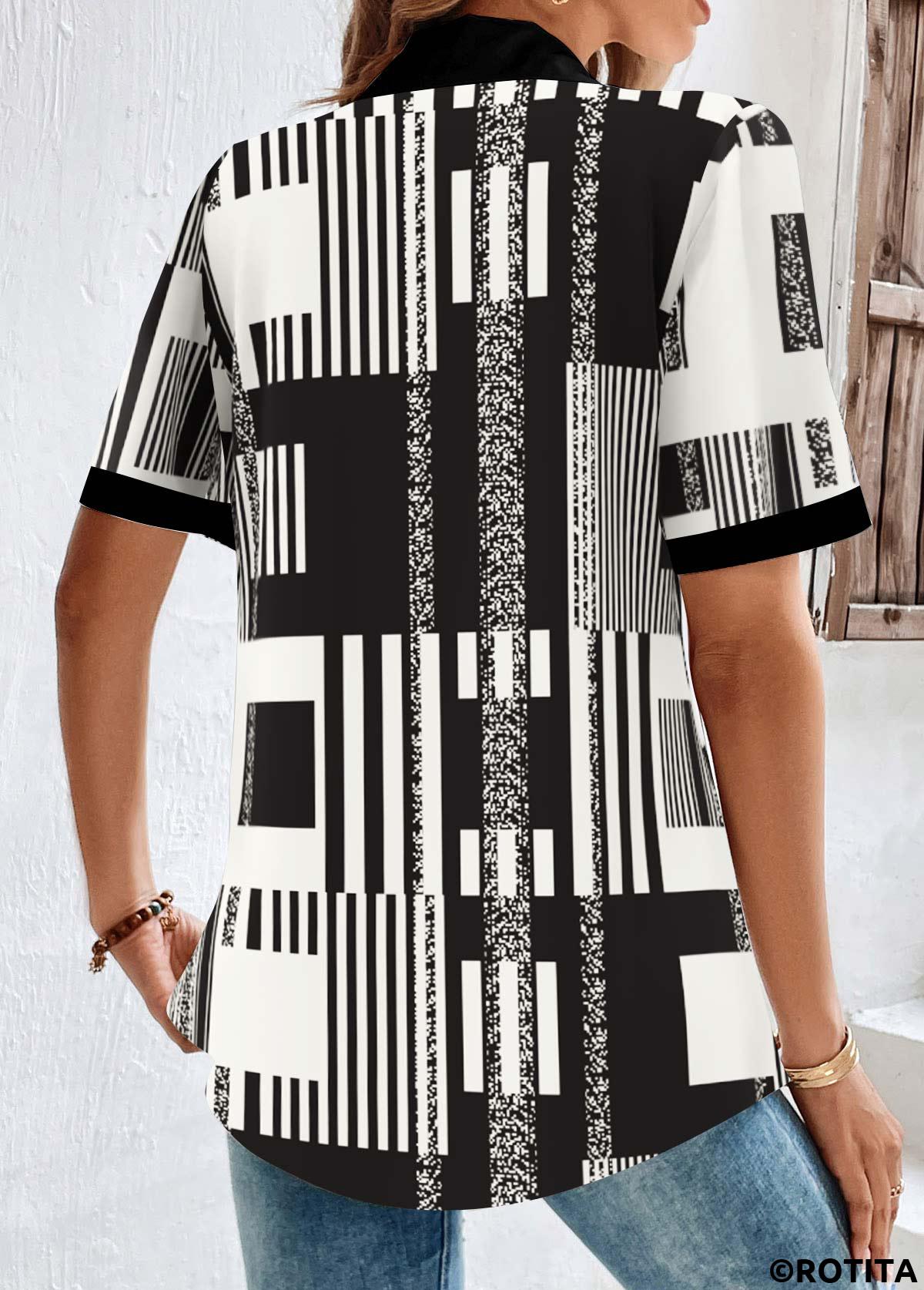Black tops,Geometric tops,Striped tops,ROTITA Button Geometric Print Black Shirt Collar Short Sleeve Blouse