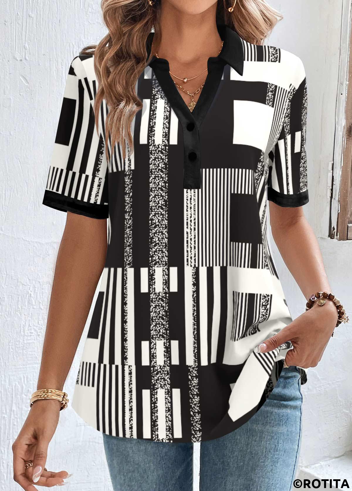 Black tops,Geometric tops,Striped tops,ROTITA Button Geometric Print Black Shirt Collar Short Sleeve Blouse