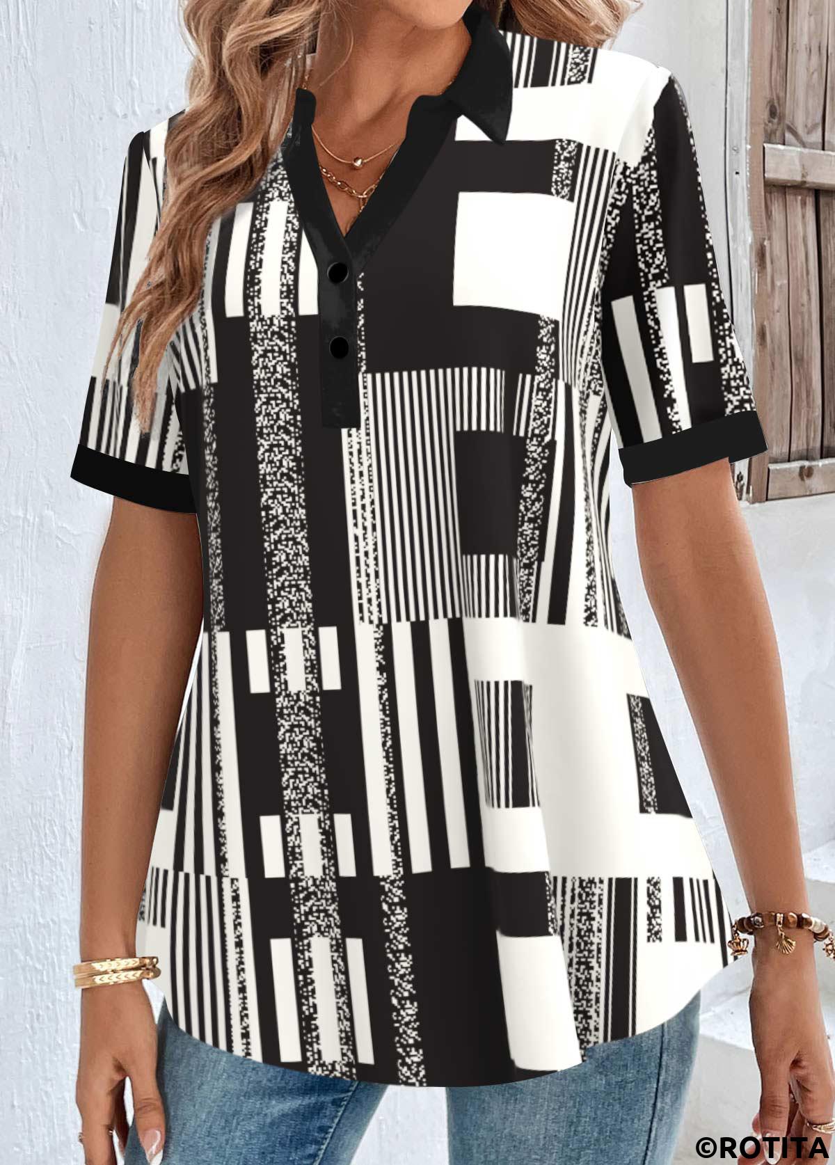 Black tops,Geometric tops,Striped tops,ROTITA Button Geometric Print Black Shirt Collar Short Sleeve Blouse