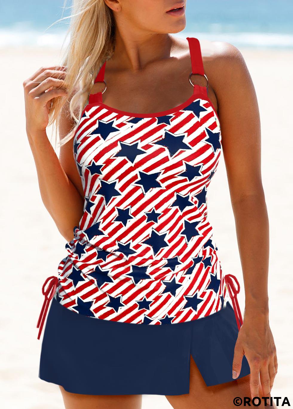Multi Color swimwear,Galaxy swimwear,Geometric swimwear,Striped swimwear,ROTITA Circular Ring Multi Color Star Print Tankini Set