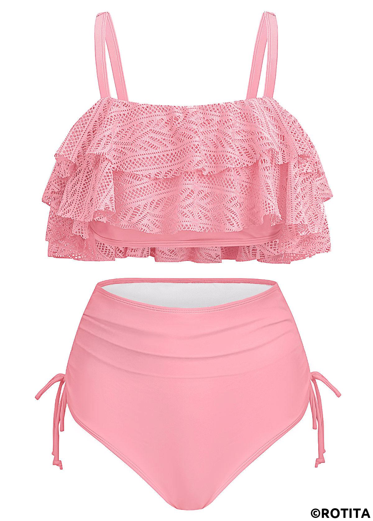 Light Pink swimwear,Plain Color swimwear,ROTITA Patchwork Light Pink High Waisted Bikini Set