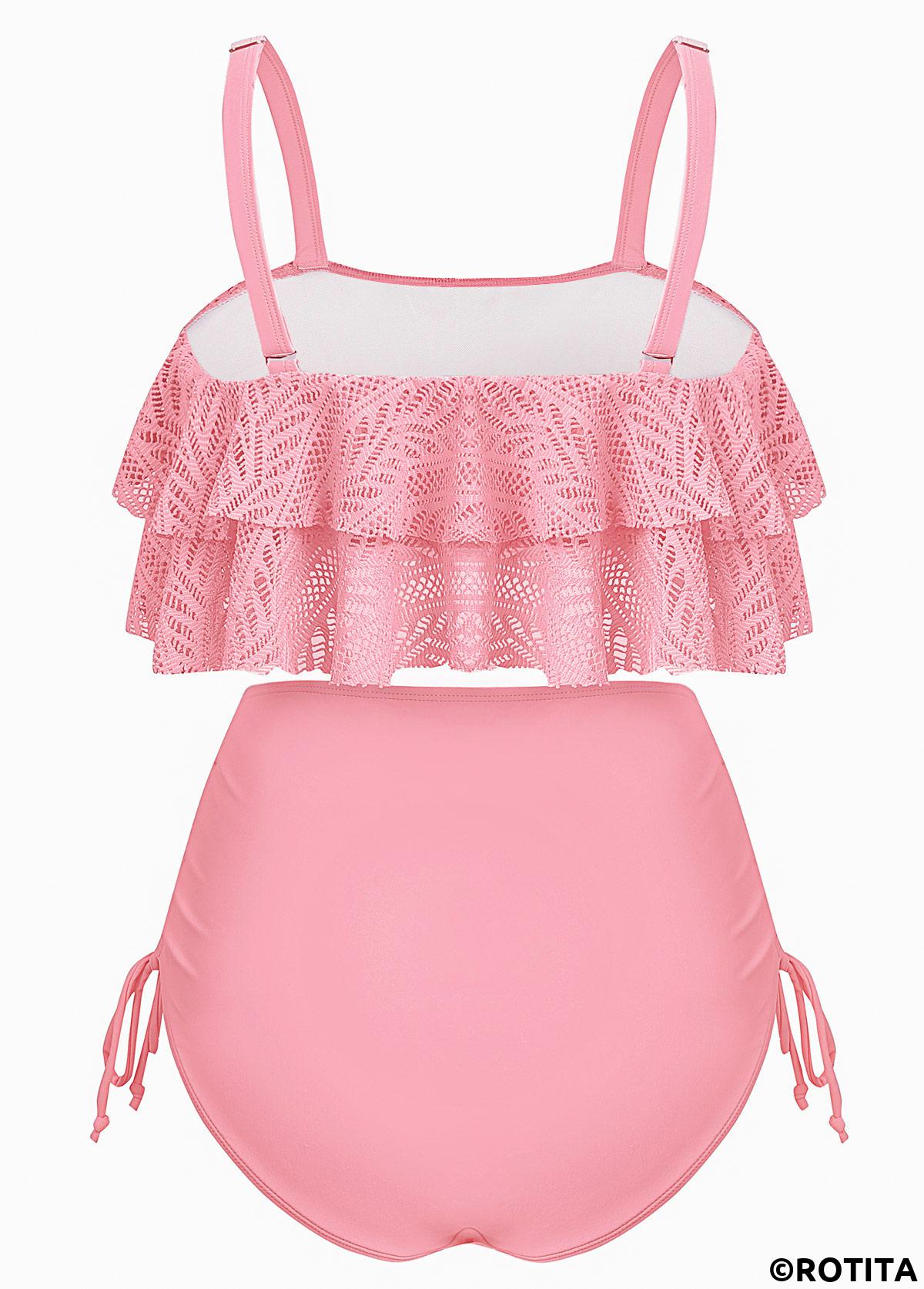 Light Pink swimwear,Plain Color swimwear,ROTITA Patchwork Light Pink High Waisted Bikini Set