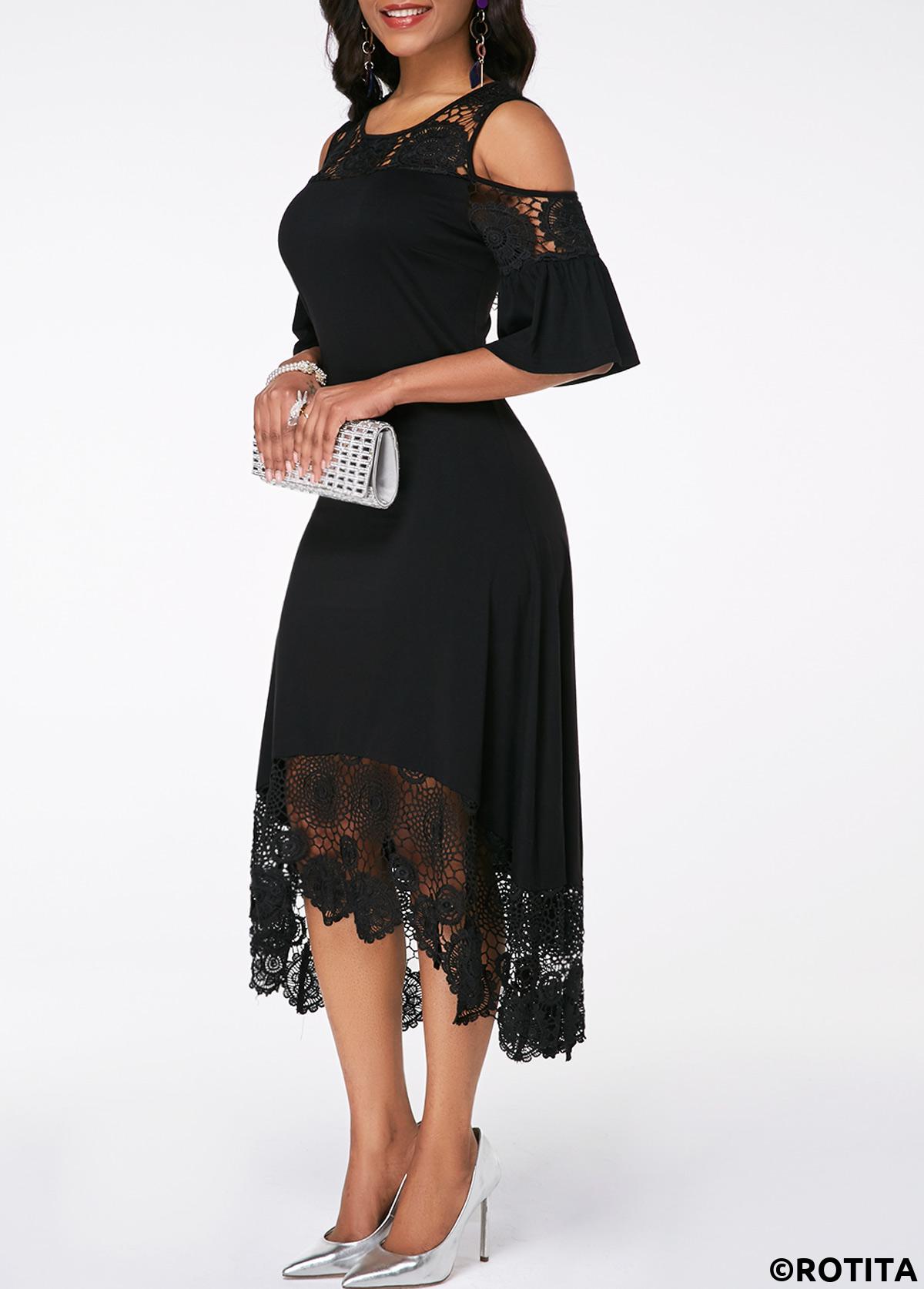 Black dresses,Plain Color dresses,Party dresses,Elegant dresses,ROTITA Flare Cuff Cold Shoulder Lace Panel Crochet Detail Dress
