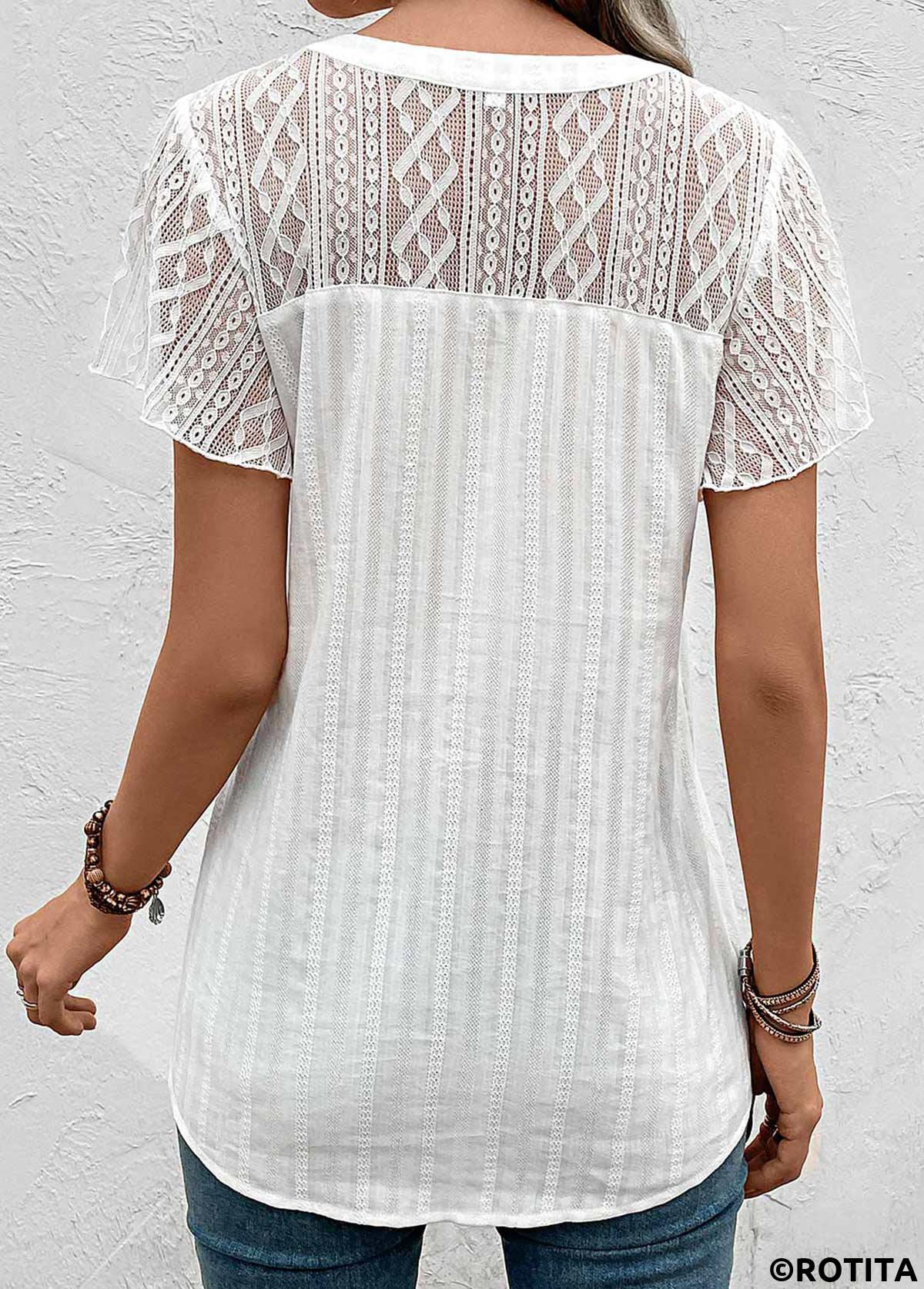 White tops,Plain Color tops,ROTITA Lace White Split Neck Short Sleeve Blouse