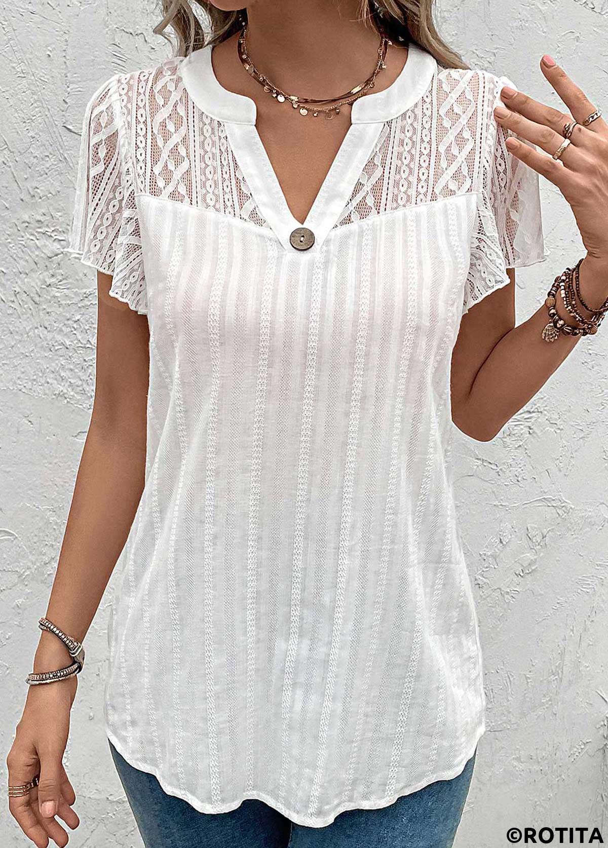 White tops,Plain Color tops,ROTITA Lace White Split Neck Short Sleeve Blouse