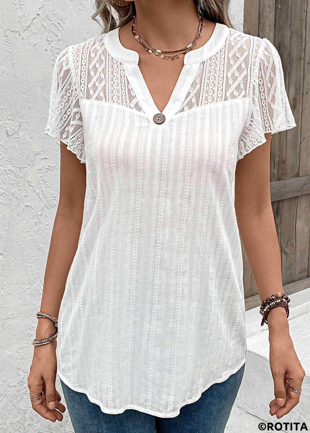 White tops,Plain Color tops,ROTITA Lace White Split Neck Short Sleeve Blouse