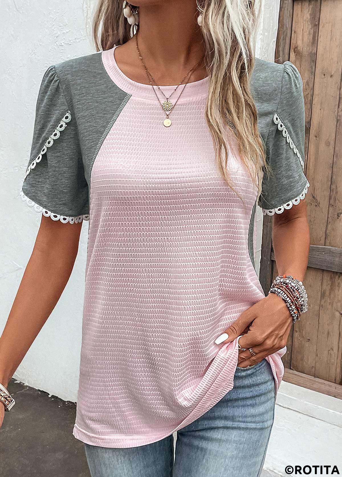 Pink tops,Dark Grey Marl tops,Contrast Color tops,ROTITA Patchwork Pink Round Neck Short Sleeve T Shirt