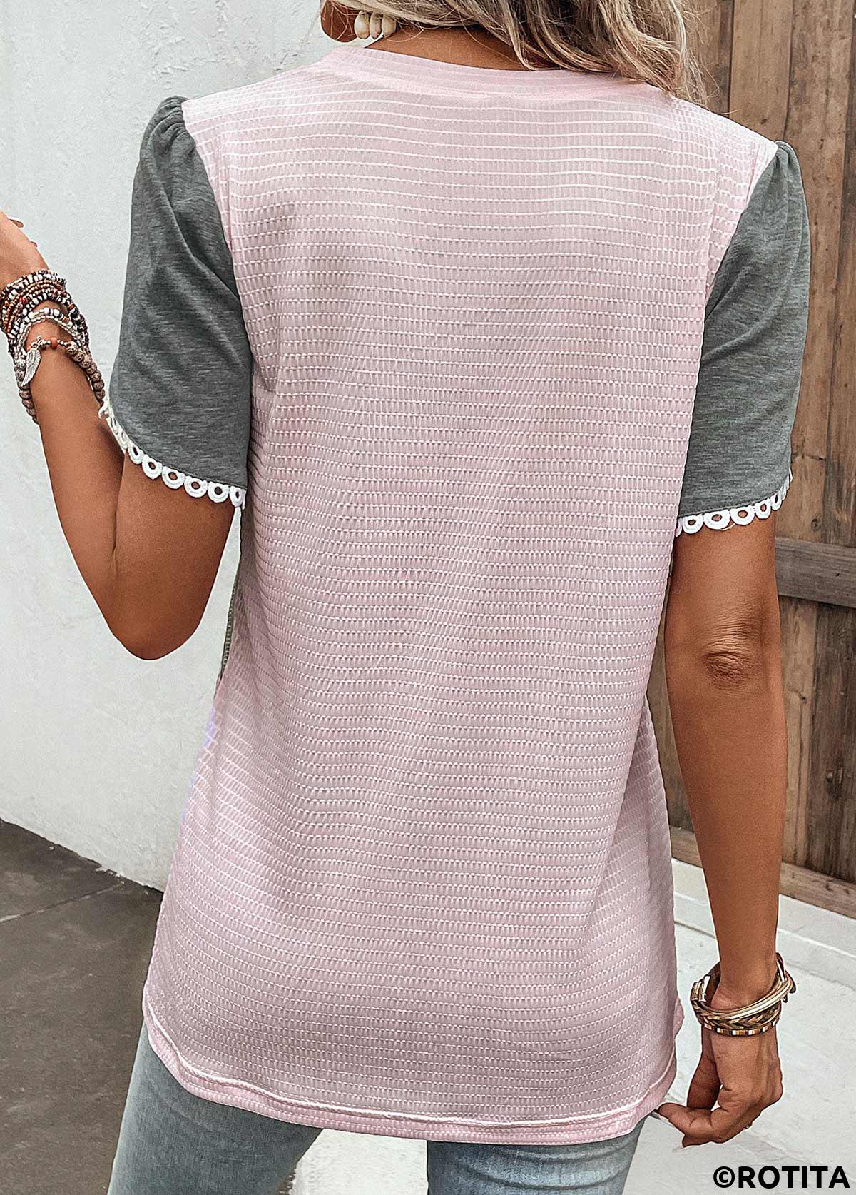 Pink tops,Dark Grey Marl tops,Contrast Color tops,ROTITA Patchwork Pink Round Neck Short Sleeve T Shirt