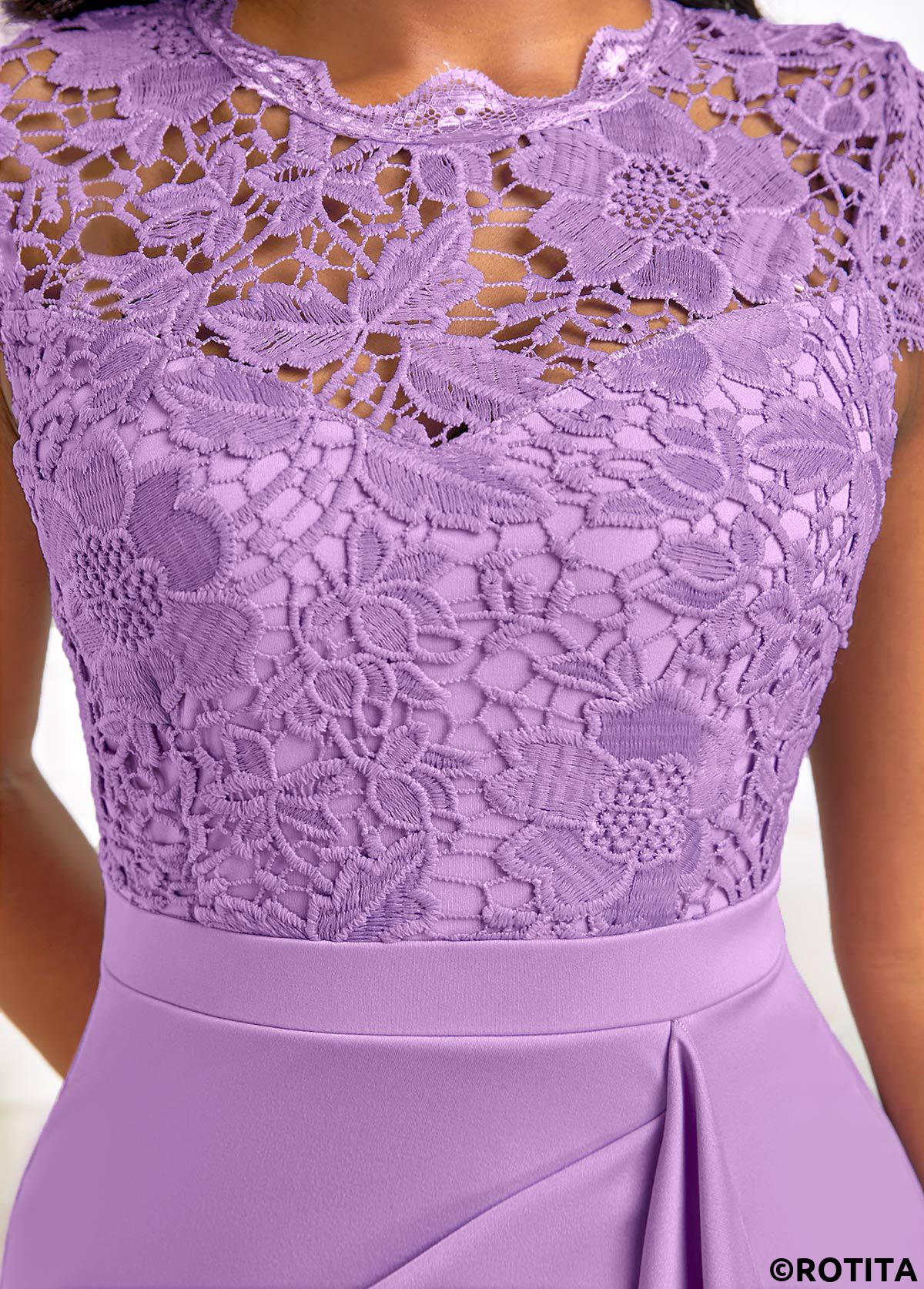 Light Purple dresses,Plain Color dresses,Party dresses,Elegant dresses,ROTITA New Year Lace Light Purple Round Neck Bodycon Dress