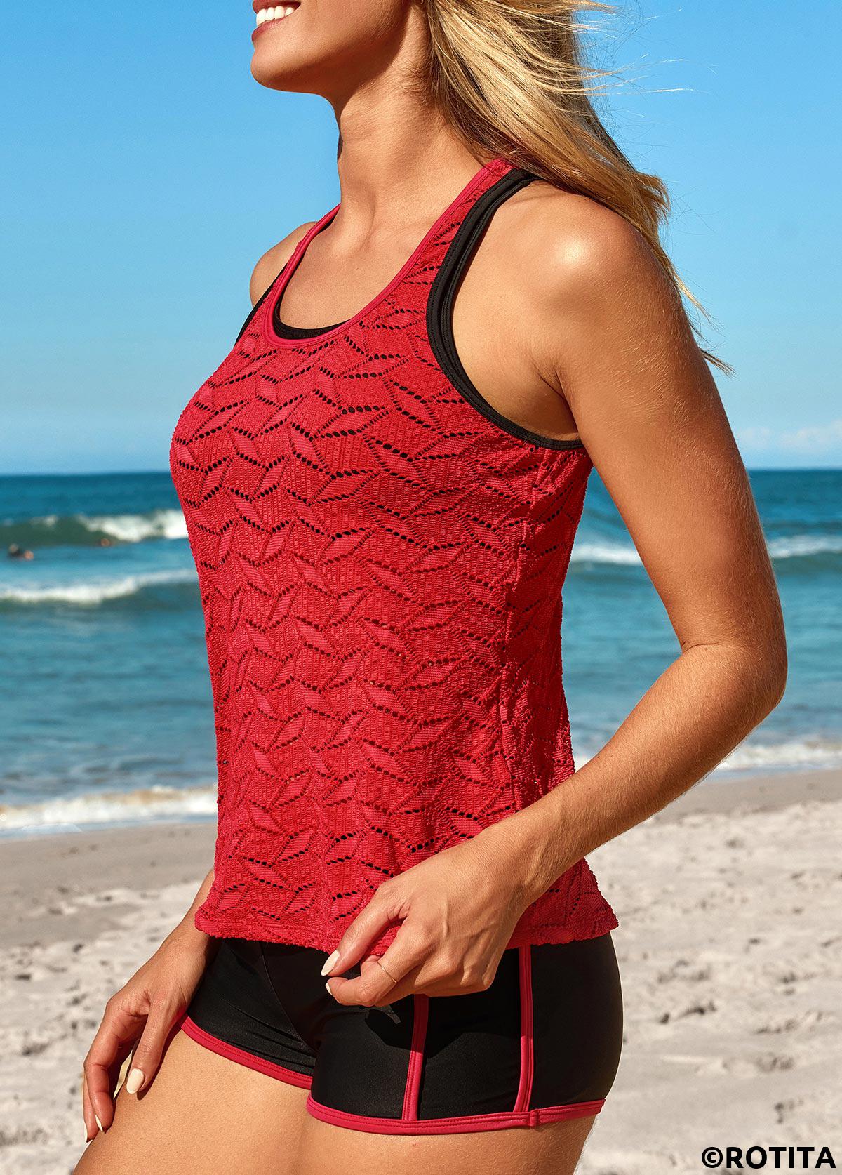 Red swimwear,Black swimwear,Contrast Color swimwear,ROTITA Two Piece Red Mid Waisted Tankini Set