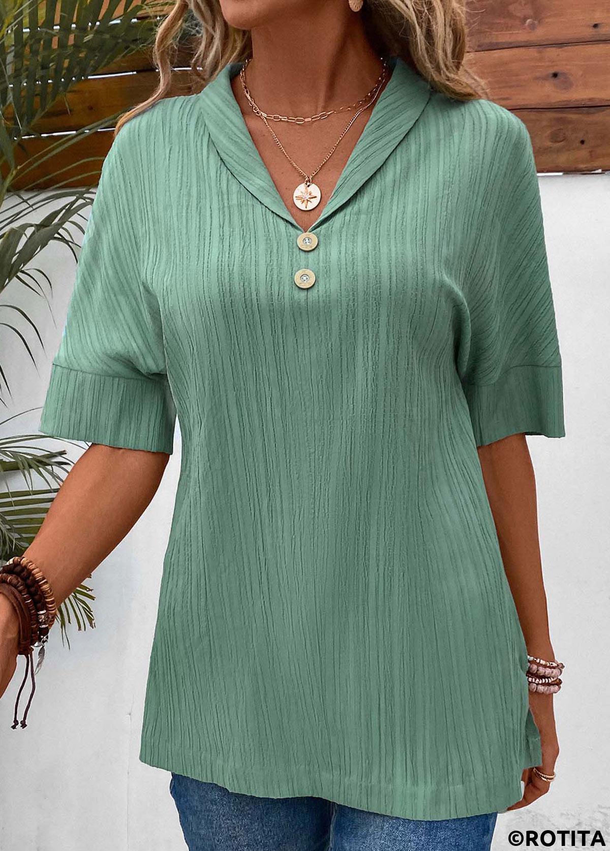 Sage Green tops,Plain Color tops,ROTITA Button Sage Green Turn Down Collar Short Sleeve Blouse