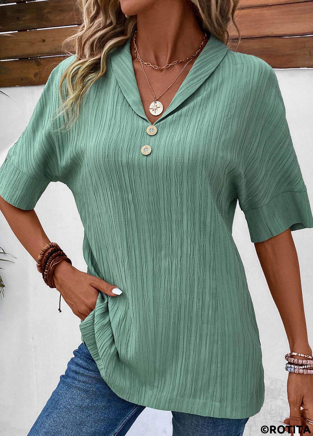 Sage Green tops,Plain Color tops,ROTITA Button Sage Green Turn Down Collar Short Sleeve Blouse