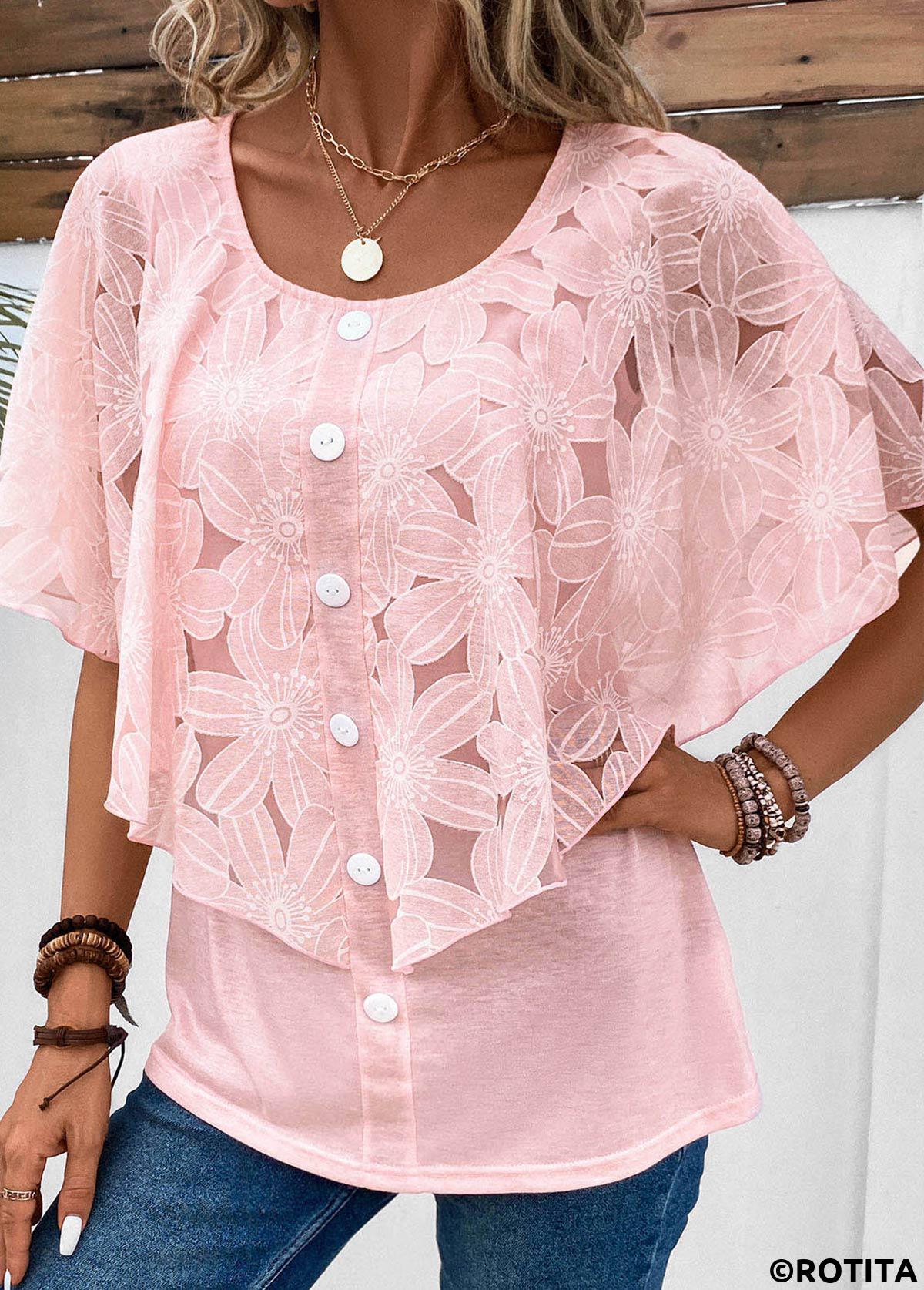 ROTITA Button Pink Round Neck Fake Two Piece Twinset
