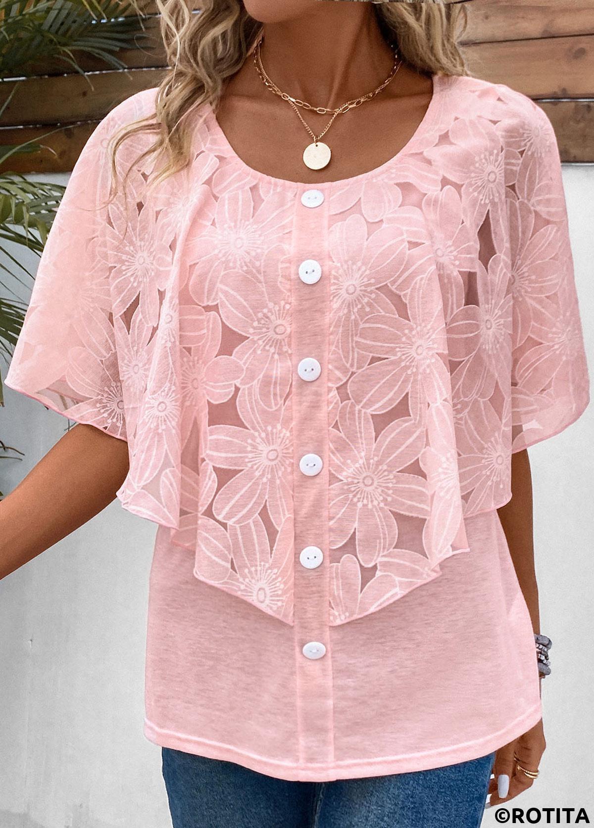 ROTITA Button Pink Round Neck Fake Two Piece Twinset