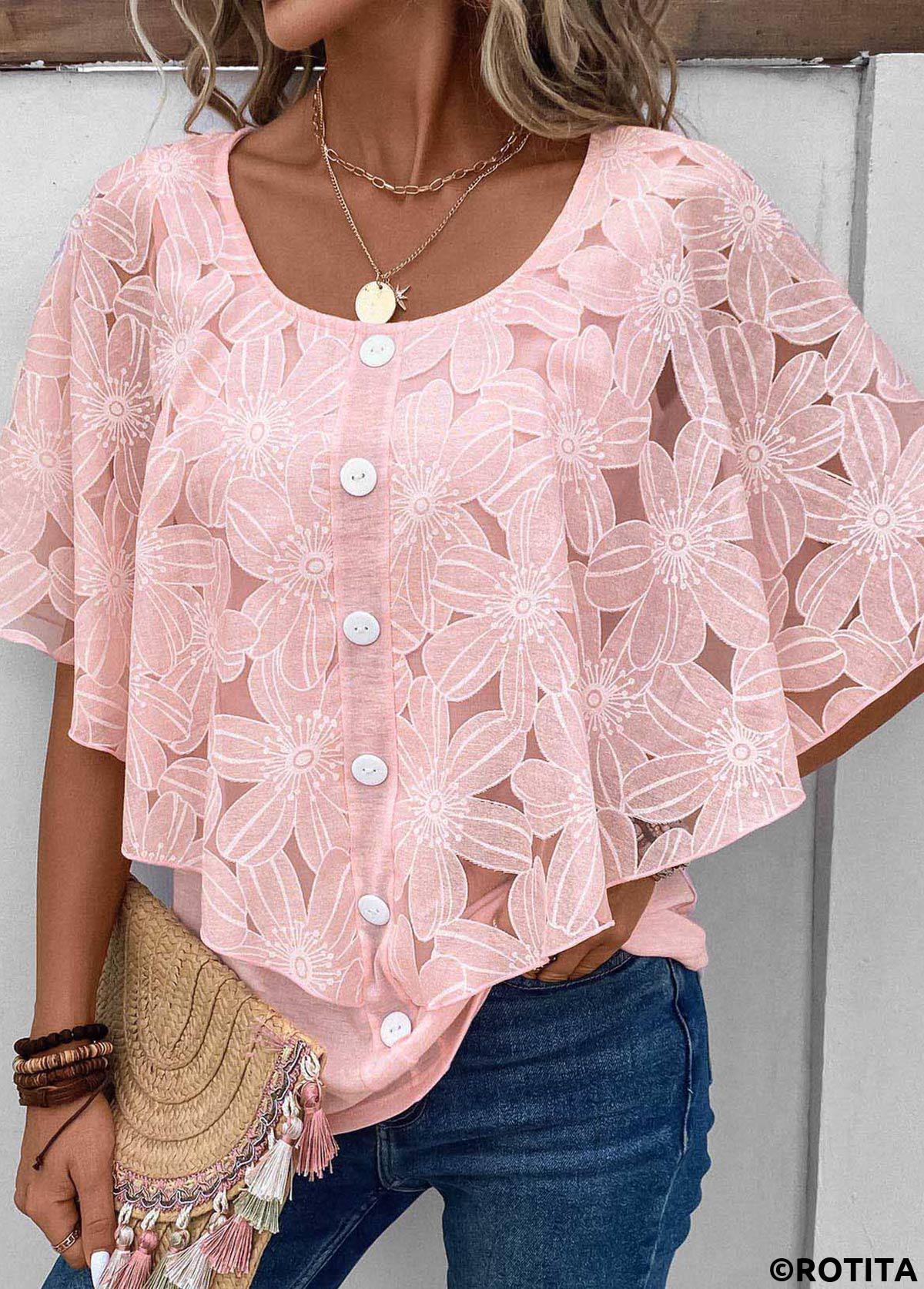 Pink tops,Plain Color tops,ROTITA Button Pink Round Neck Fake Two Piece Twinset