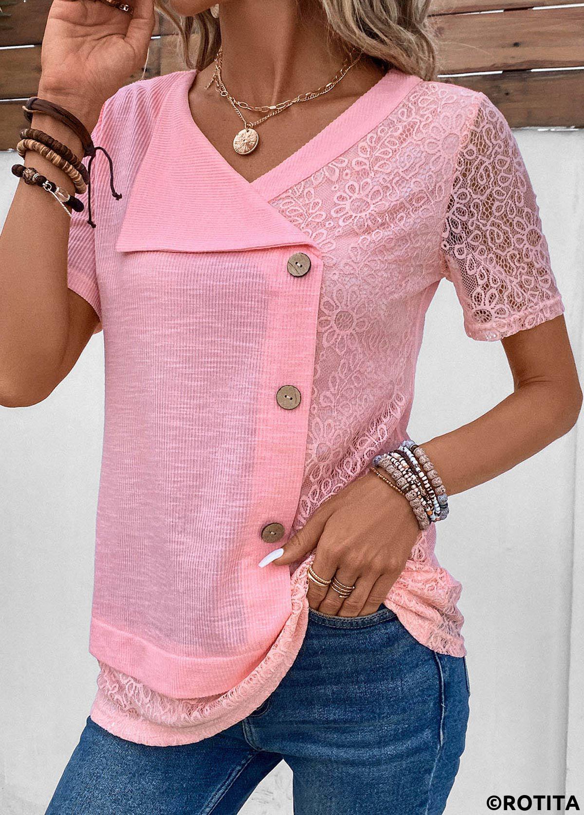 Pink tops,Plain Color tops,ROTITA Patchwork Pink V Neck Short Sleeve T Shirt