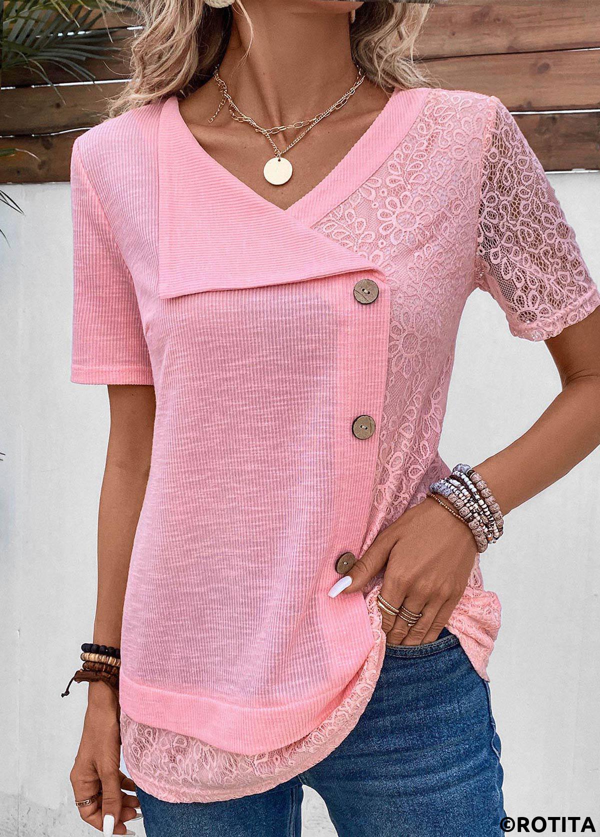 Pink tops,Plain Color tops,ROTITA Patchwork Pink V Neck Short Sleeve T Shirt