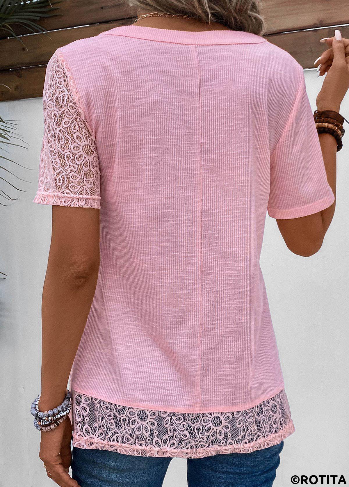 Pink tops,Plain Color tops,ROTITA Patchwork Pink V Neck Short Sleeve T Shirt