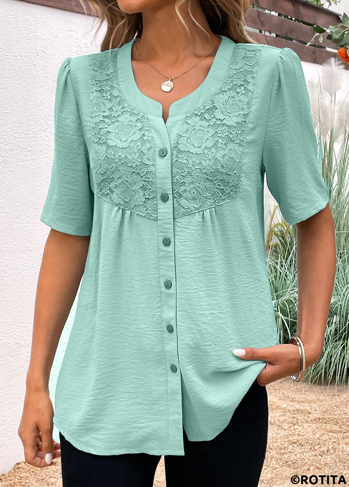 Avocado Green tops,Plain Color tops,ROTITA Button Avocado Green Split Neck Short Sleeve Blouse