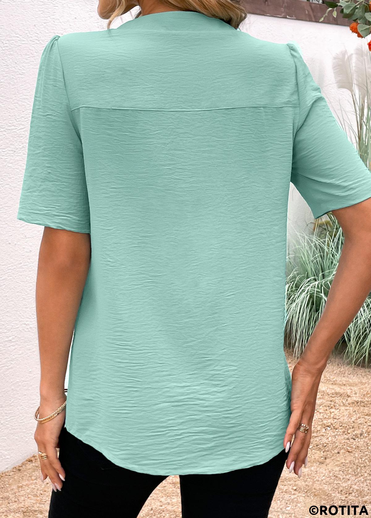 Avocado Green tops,Plain Color tops,ROTITA Button Avocado Green Split Neck Short Sleeve Blouse