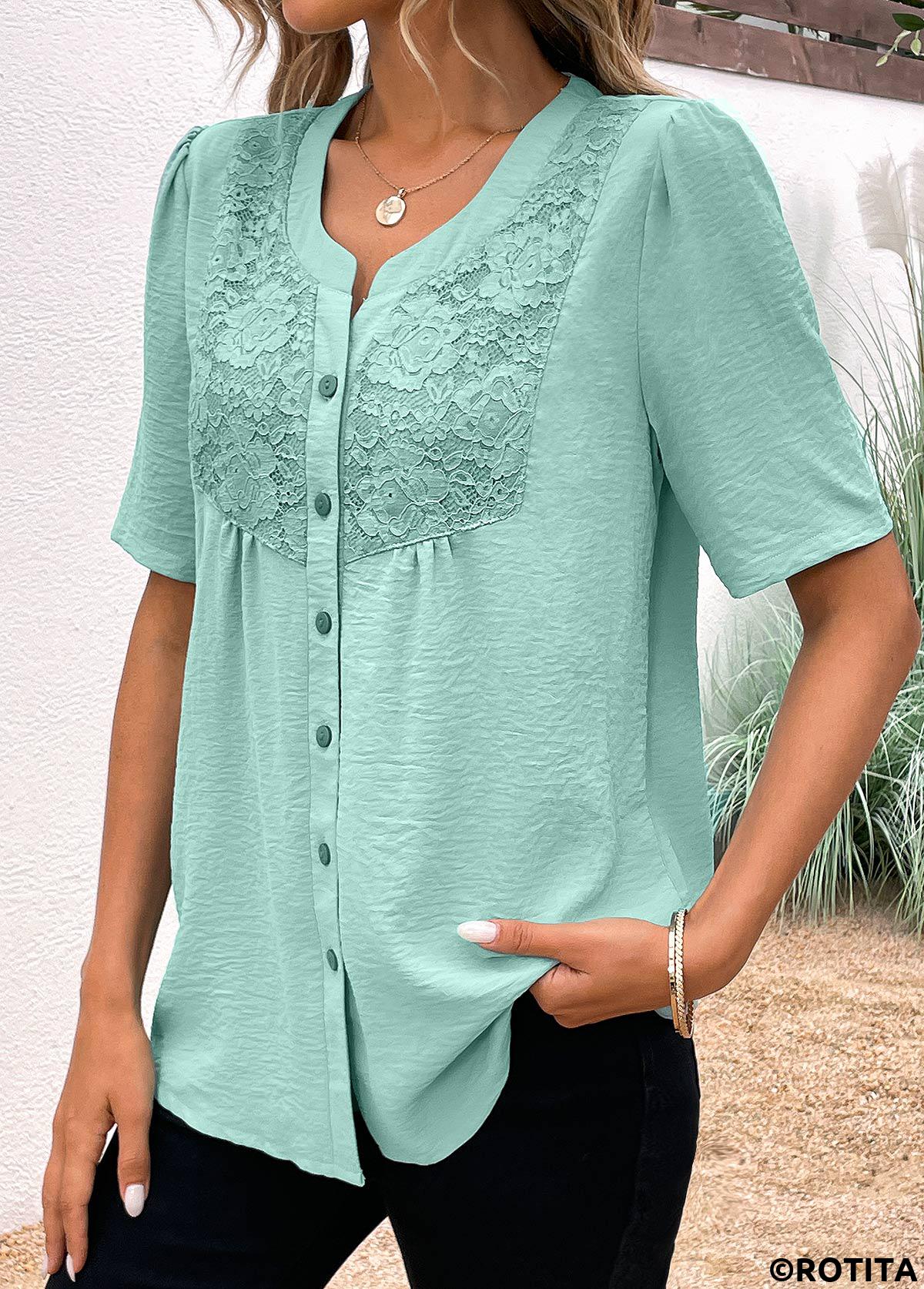 Avocado Green tops,Plain Color tops,ROTITA Button Avocado Green Split Neck Short Sleeve Blouse