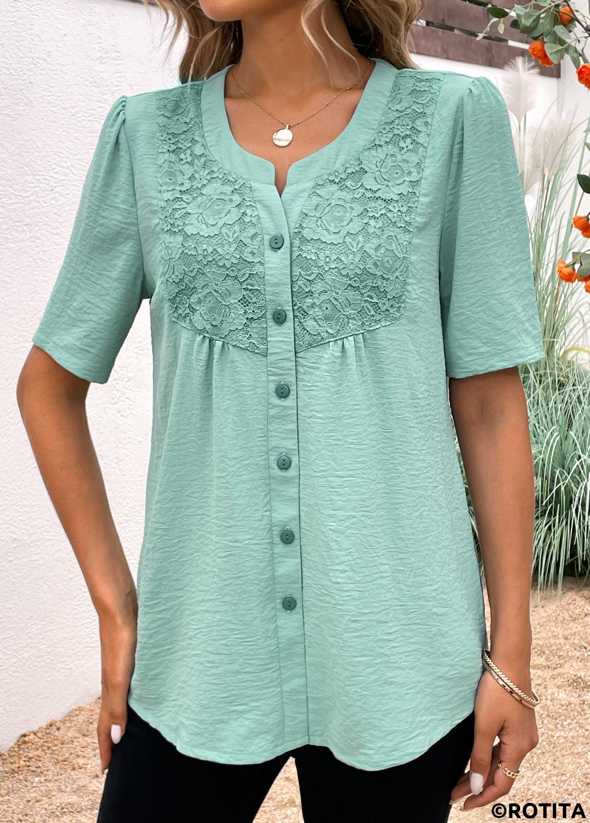 Avocado Green tops,Plain Color tops,ROTITA Button Avocado Green Split Neck Short Sleeve Blouse