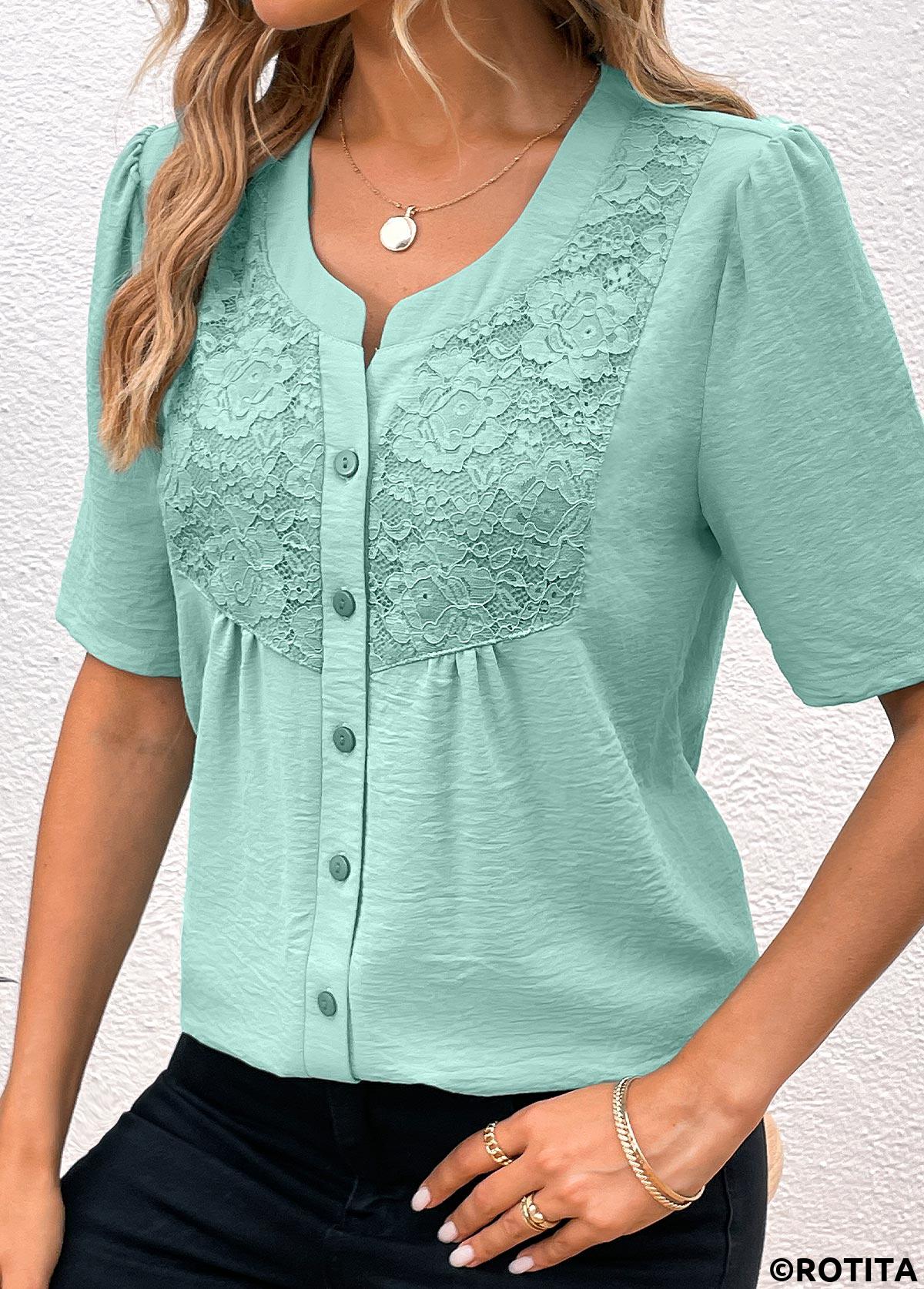 Avocado Green tops,Plain Color tops,ROTITA Button Avocado Green Split Neck Short Sleeve Blouse