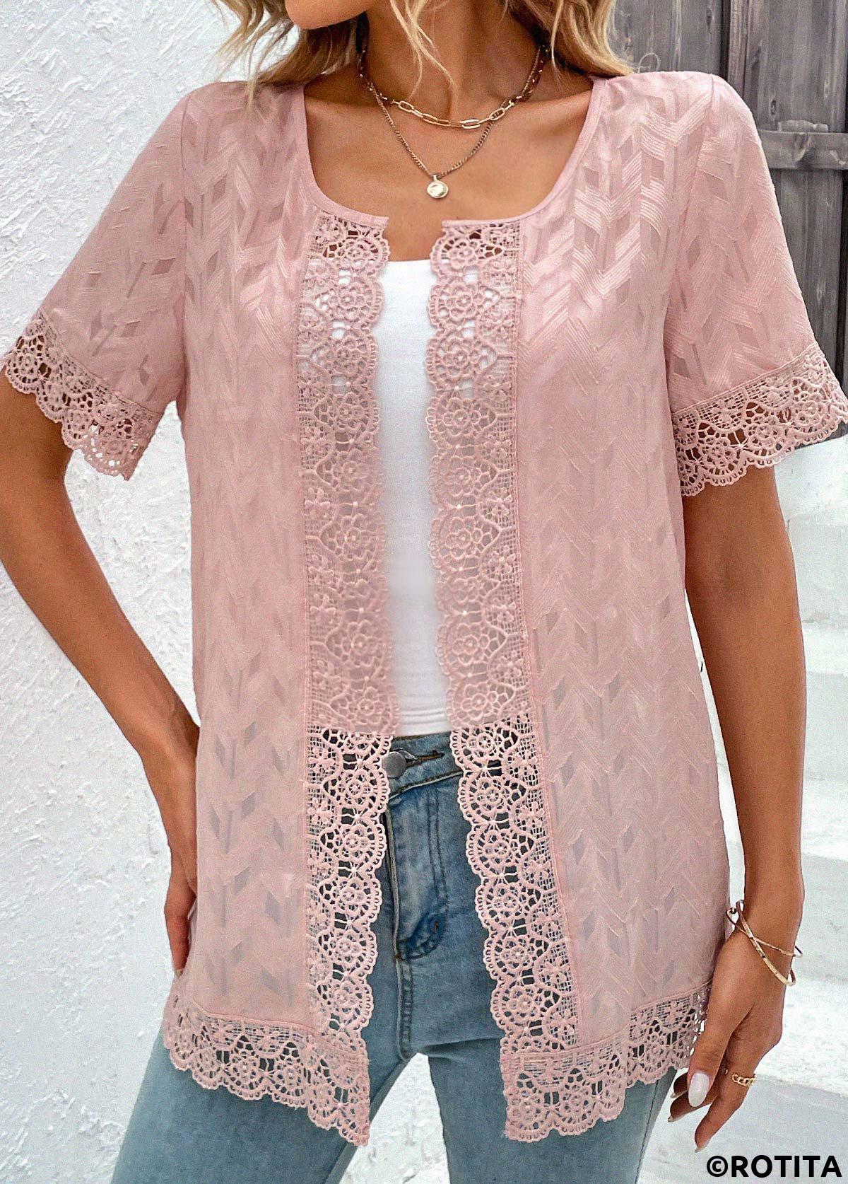 Pink tops,Plain Color tops,ROTITA Lace Pink Round Neck Short Sleeve Topper