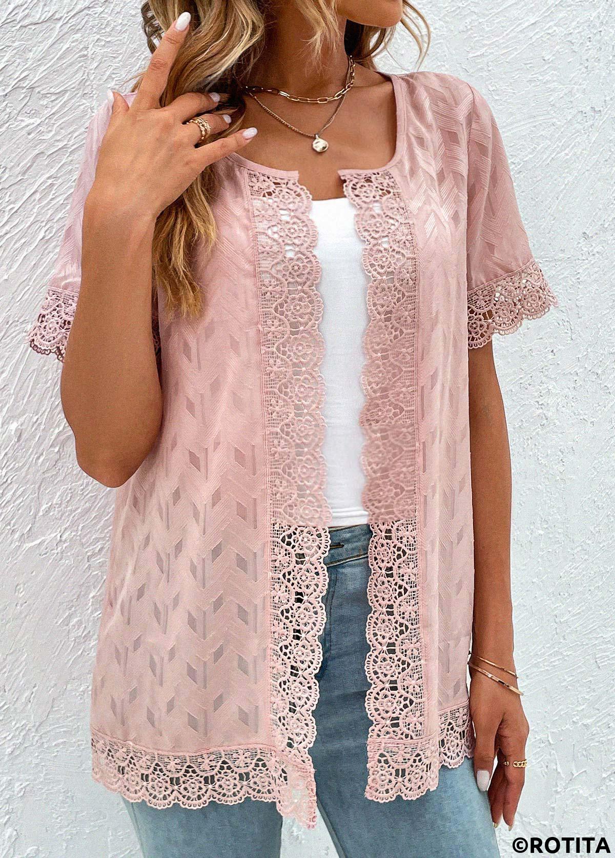 Pink tops,Plain Color tops,ROTITA Lace Pink Round Neck Short Sleeve Topper