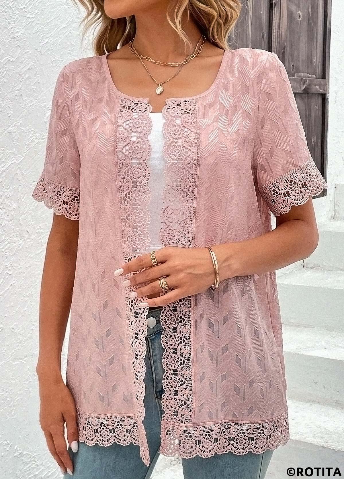 Pink tops,Plain Color tops,ROTITA Lace Pink Round Neck Short Sleeve Topper