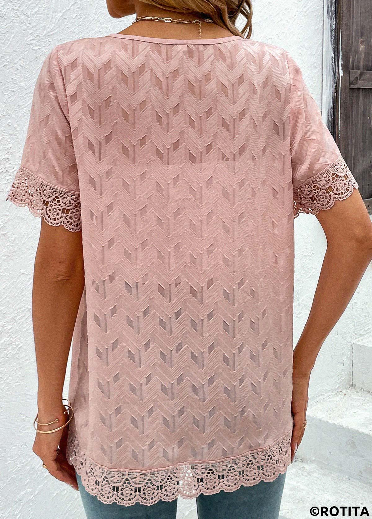 Pink tops,Plain Color tops,ROTITA Lace Pink Round Neck Short Sleeve Topper