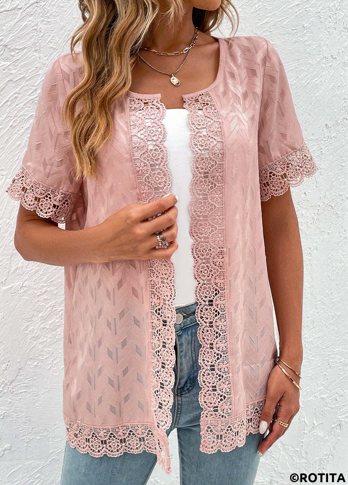 Pink tops,Plain Color tops,ROTITA Lace Pink Round Neck Short Sleeve Topper