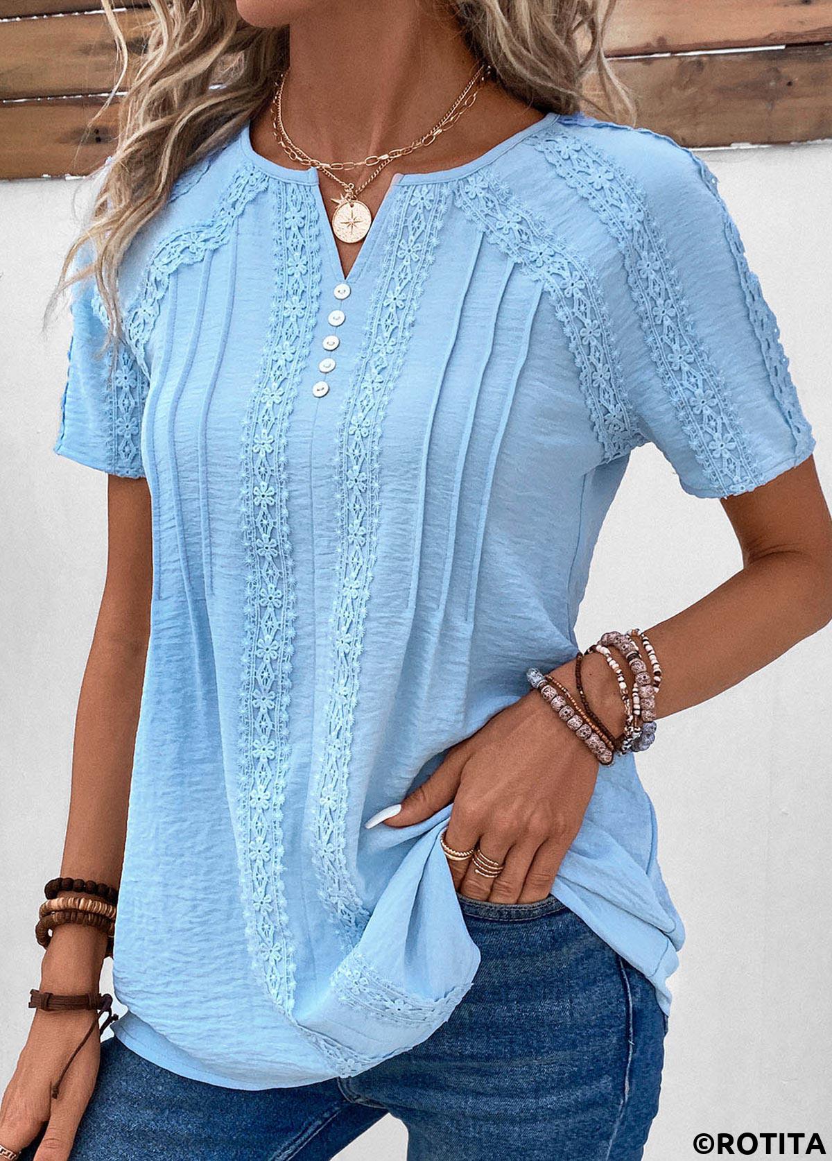 Light Blue tops,Plain Color tops,ROTITA Patchwork Light Blue Split Neck Short Sleeve Blouse