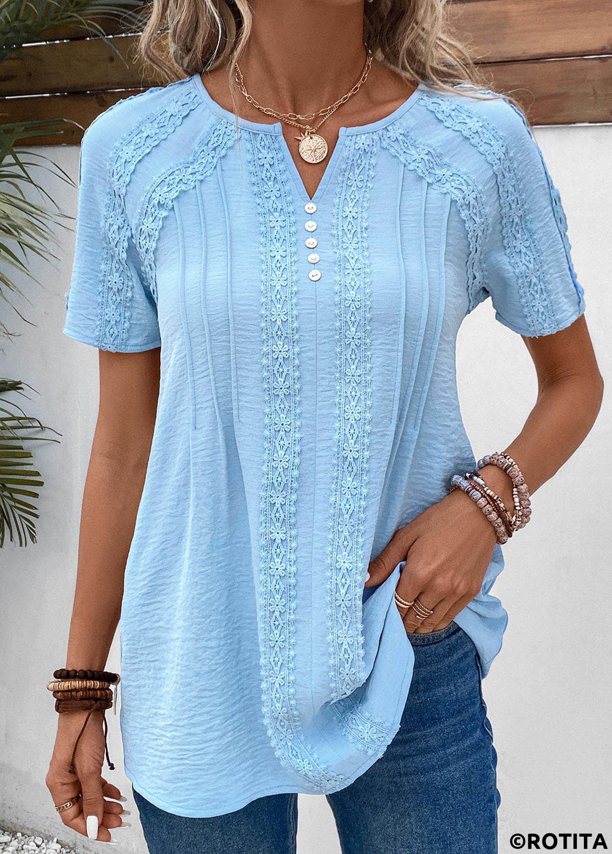 Light Blue tops,Plain Color tops,ROTITA Patchwork Light Blue Split Neck Short Sleeve Blouse