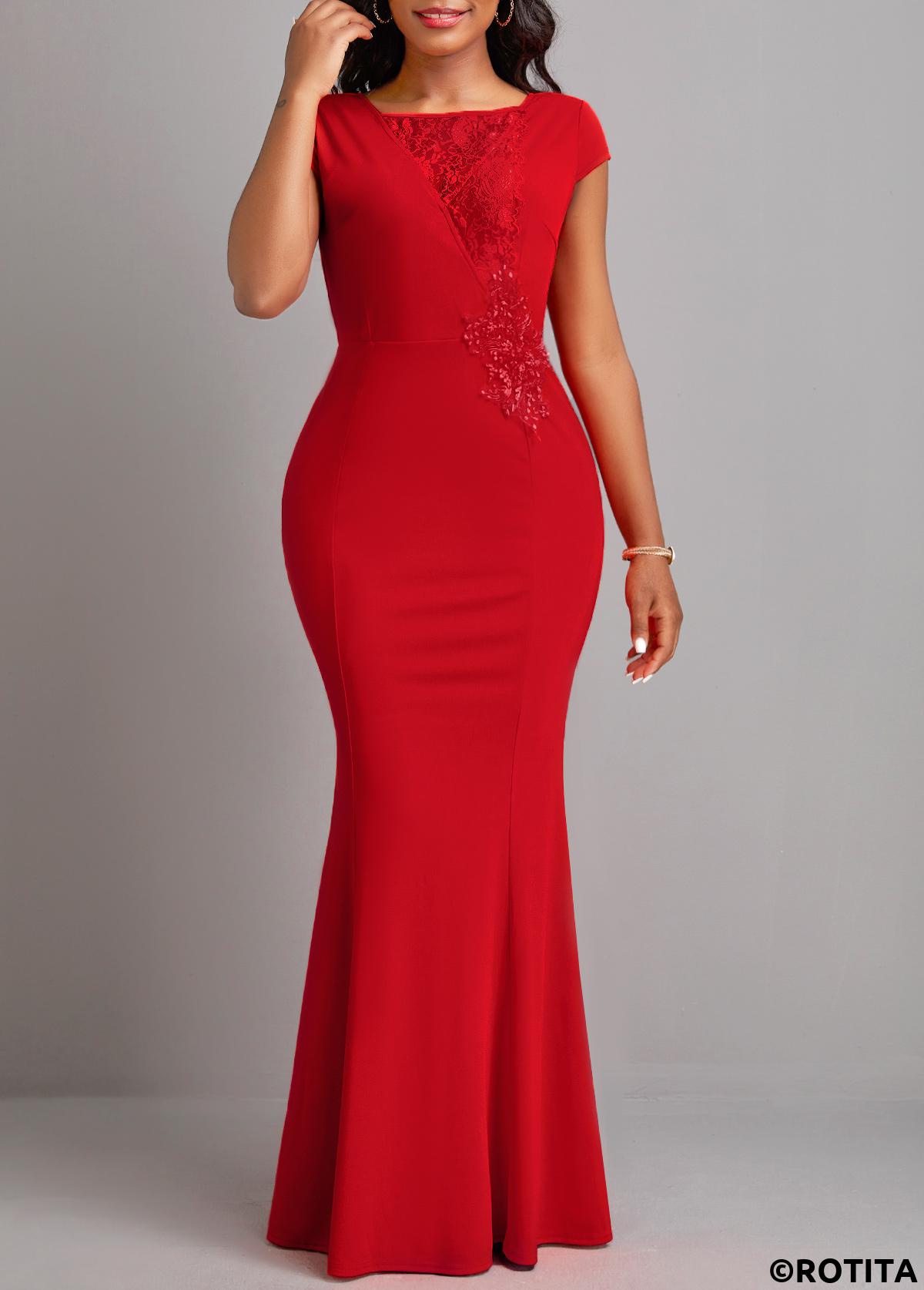 Red dresses,Plain Color dresses,Party dresses,Elegant dresses,ROTITA Red Patchwork Square Neck Bodycon Dress