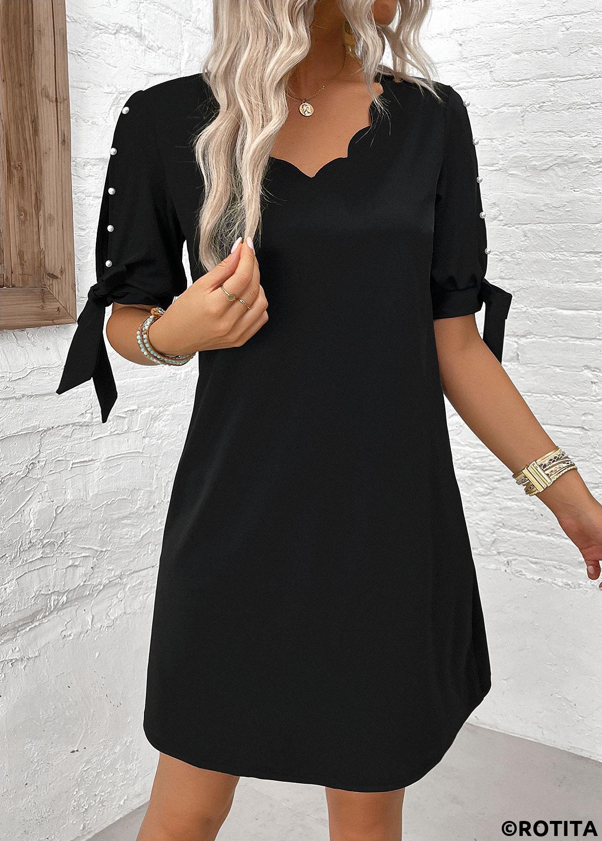 Black dresses,Plain Color dresses,Everyday dresses,Casual dresses,ROTITA Pearl Black Short A Line V Neck Dress