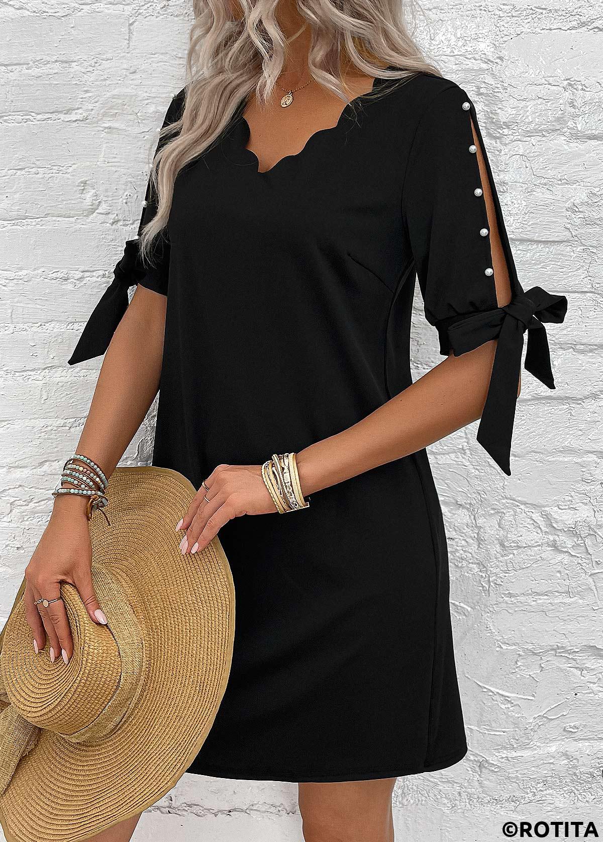 Black dresses,Plain Color dresses,Everyday dresses,Casual dresses,ROTITA Pearl Black Short A Line V Neck Dress