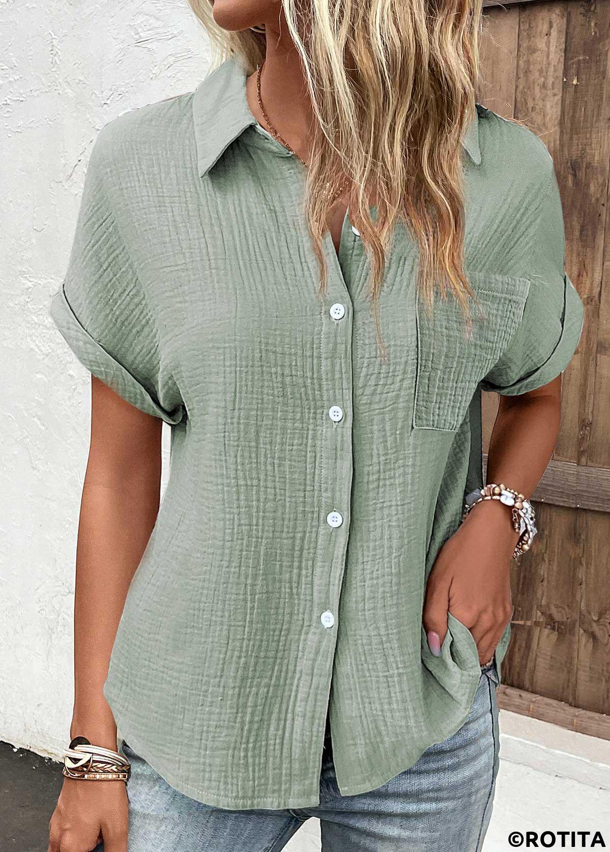 Sage Green tops,Plain Color tops,ROTITA Pocket Sage Green Shirt Collar Short Sleeve Blouse