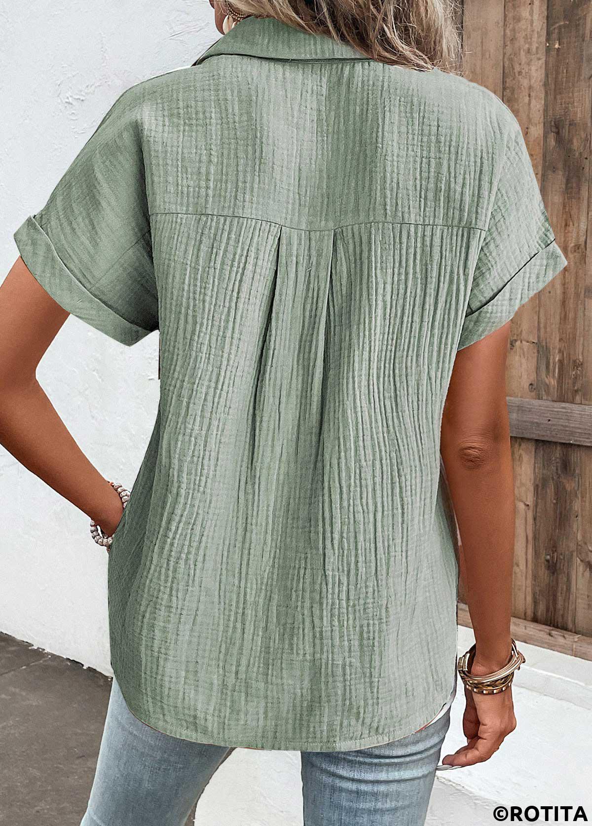 Sage Green tops,Plain Color tops,ROTITA Pocket Sage Green Shirt Collar Short Sleeve Blouse