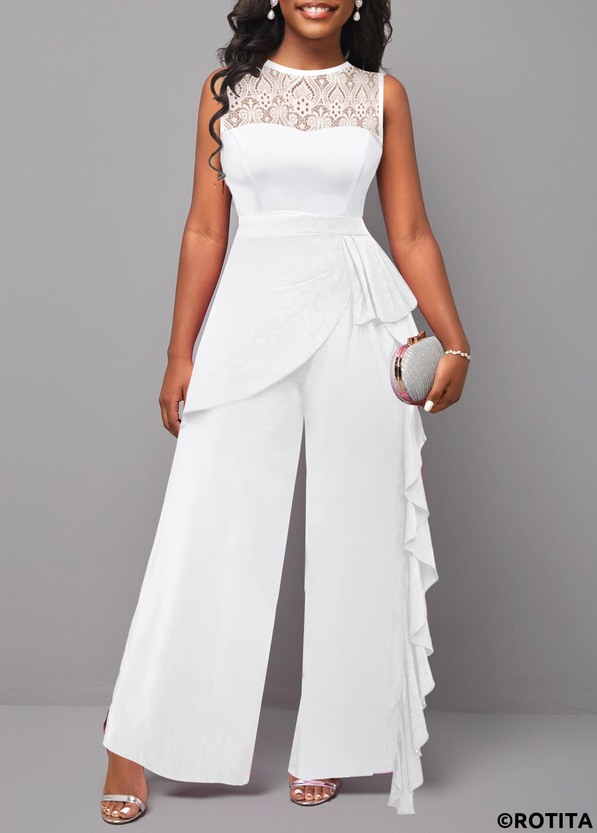 White jumpsuits&rompers,Plain Color jumpsuits&rompers,ROTITA Lace White Long Round Neck Sleeveless Jumpsuit