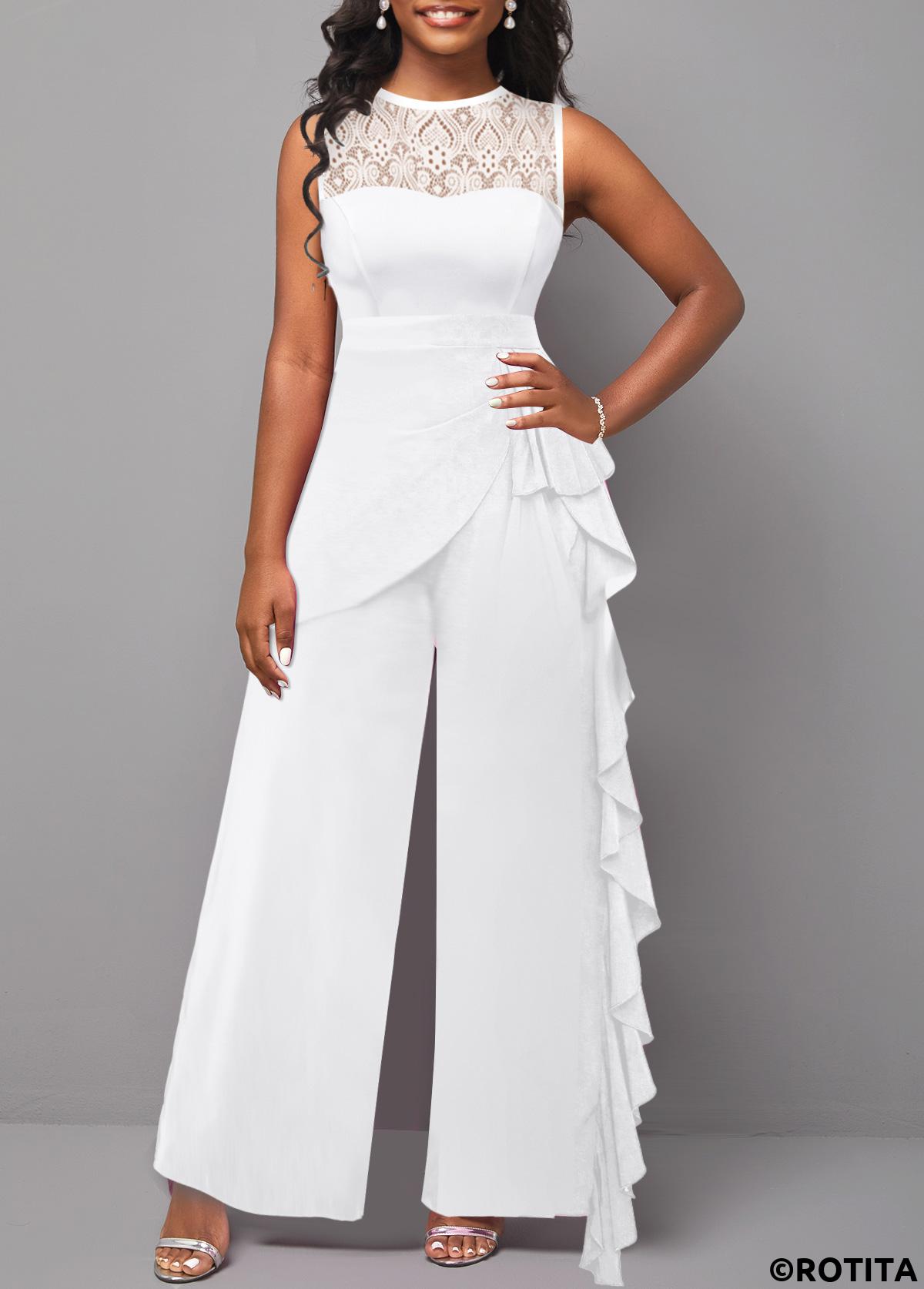 White jumpsuits&rompers,Plain Color jumpsuits&rompers,ROTITA Lace White Long Round Neck Sleeveless Jumpsuit