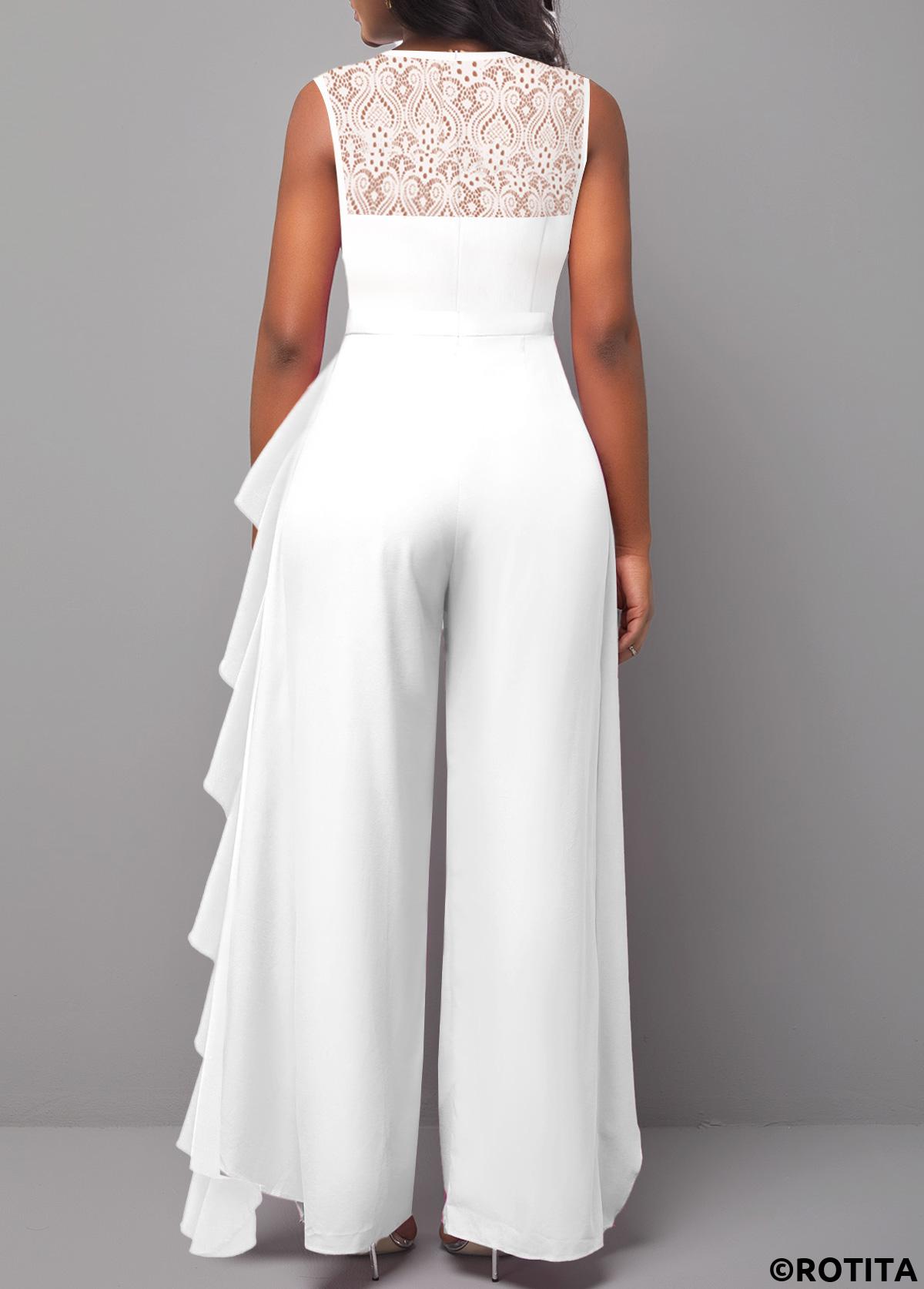 White jumpsuits&rompers,Plain Color jumpsuits&rompers,ROTITA Lace White Long Round Neck Sleeveless Jumpsuit