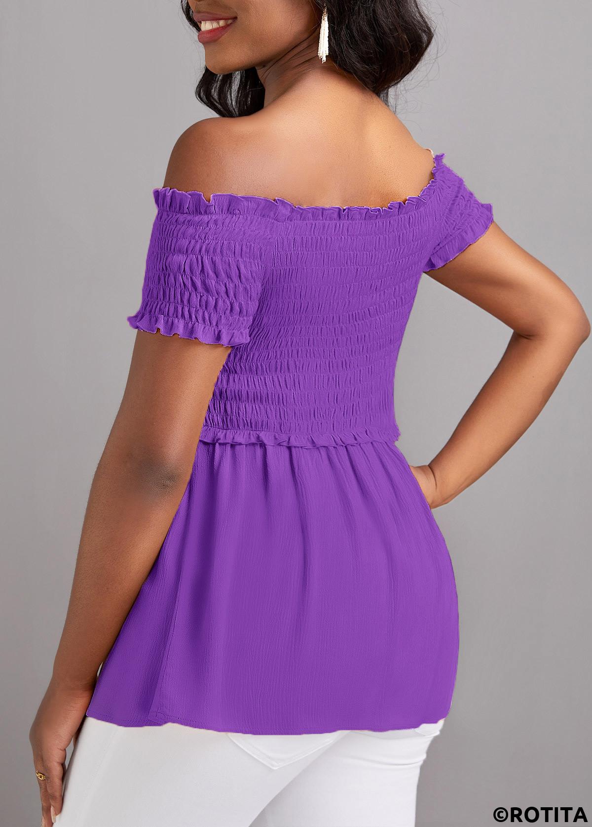 Neon Violet tops,Plain Color tops,ROTITA Smocked Neon Violet Off Shoulder T Shirt