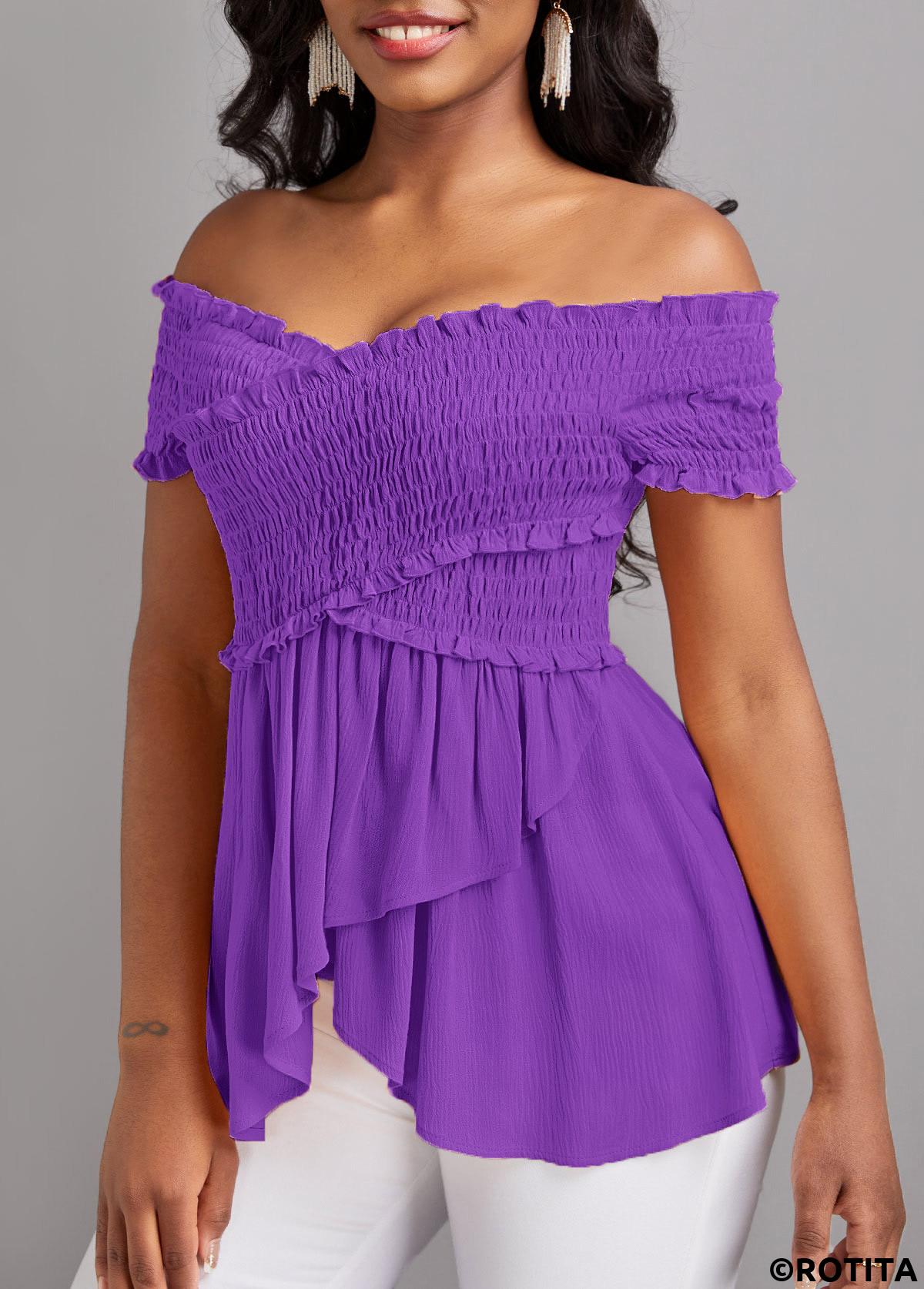 Neon Violet tops,Plain Color tops,ROTITA Smocked Neon Violet Off Shoulder T Shirt