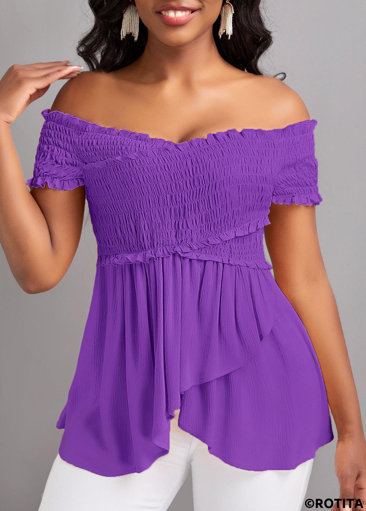 Neon Violet tops,Plain Color tops,ROTITA Smocked Neon Violet Off Shoulder T Shirt