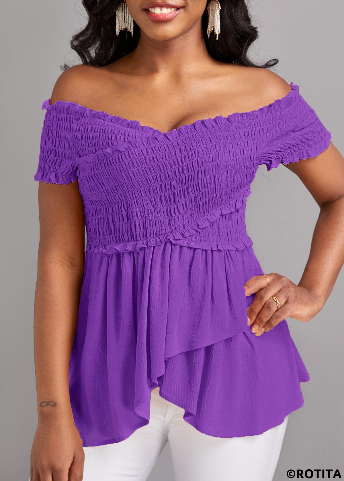Neon Violet tops,Plain Color tops,ROTITA Smocked Neon Violet Off Shoulder T Shirt