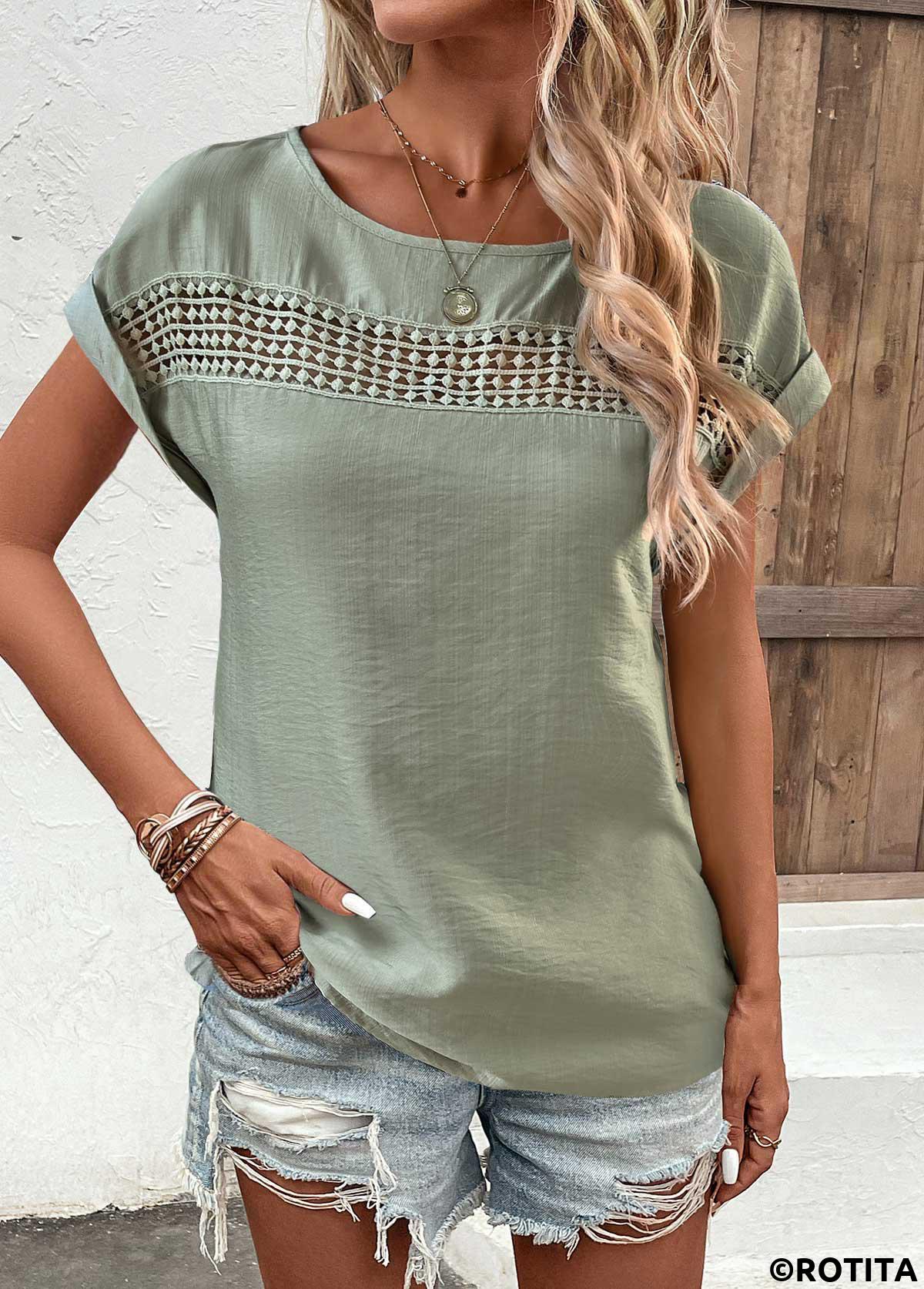 Sage Green tops,Plain Color tops,ROTITA Patchwork Sage Green Boat Neck Short Sleeve Blouse