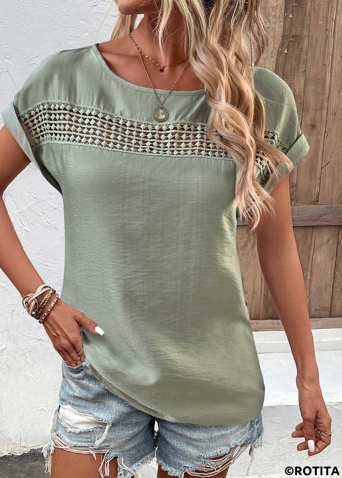Sage Green tops,Plain Color tops,ROTITA Patchwork Sage Green Boat Neck Short Sleeve Blouse