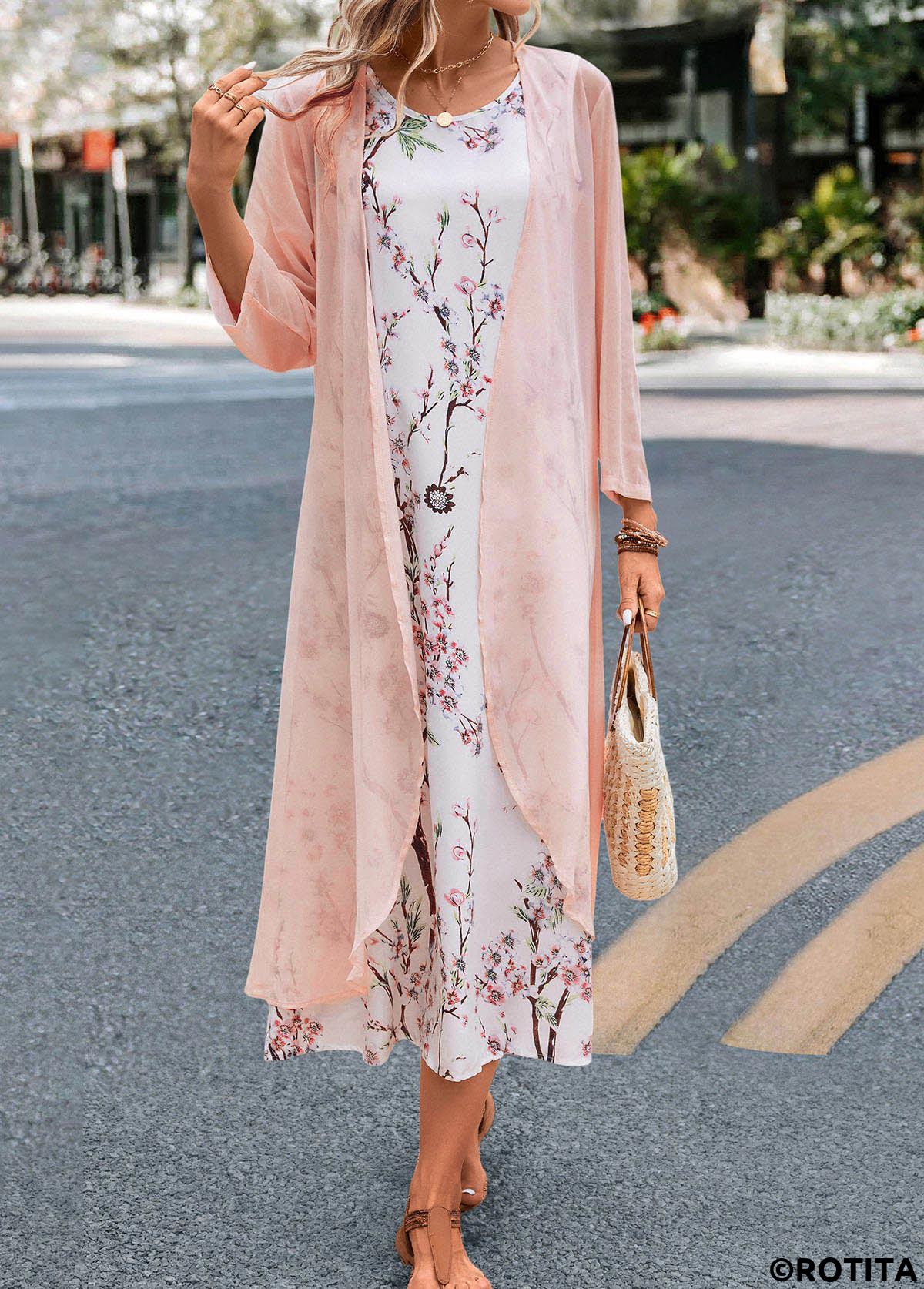 Pink dresses,White dresses,Floral dresses,Plants dresses,Party dresses,Elegant dresses,ROTITA Two Piece Floral Print Pink Maxi Dress and Cardigan