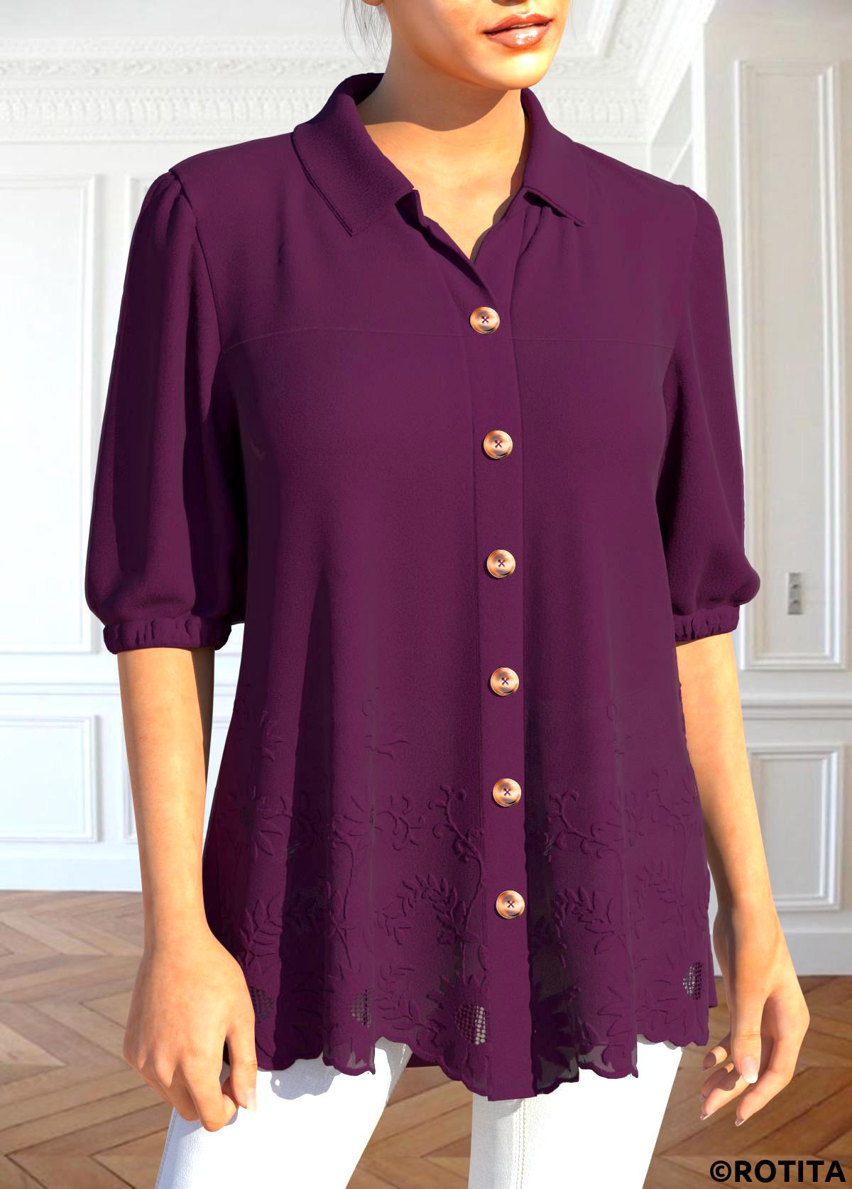 Dark Reddish Purple tops,Plain Color tops,ROTITA Patchwork Dark Reddish Purple Shirt Collar Blouse